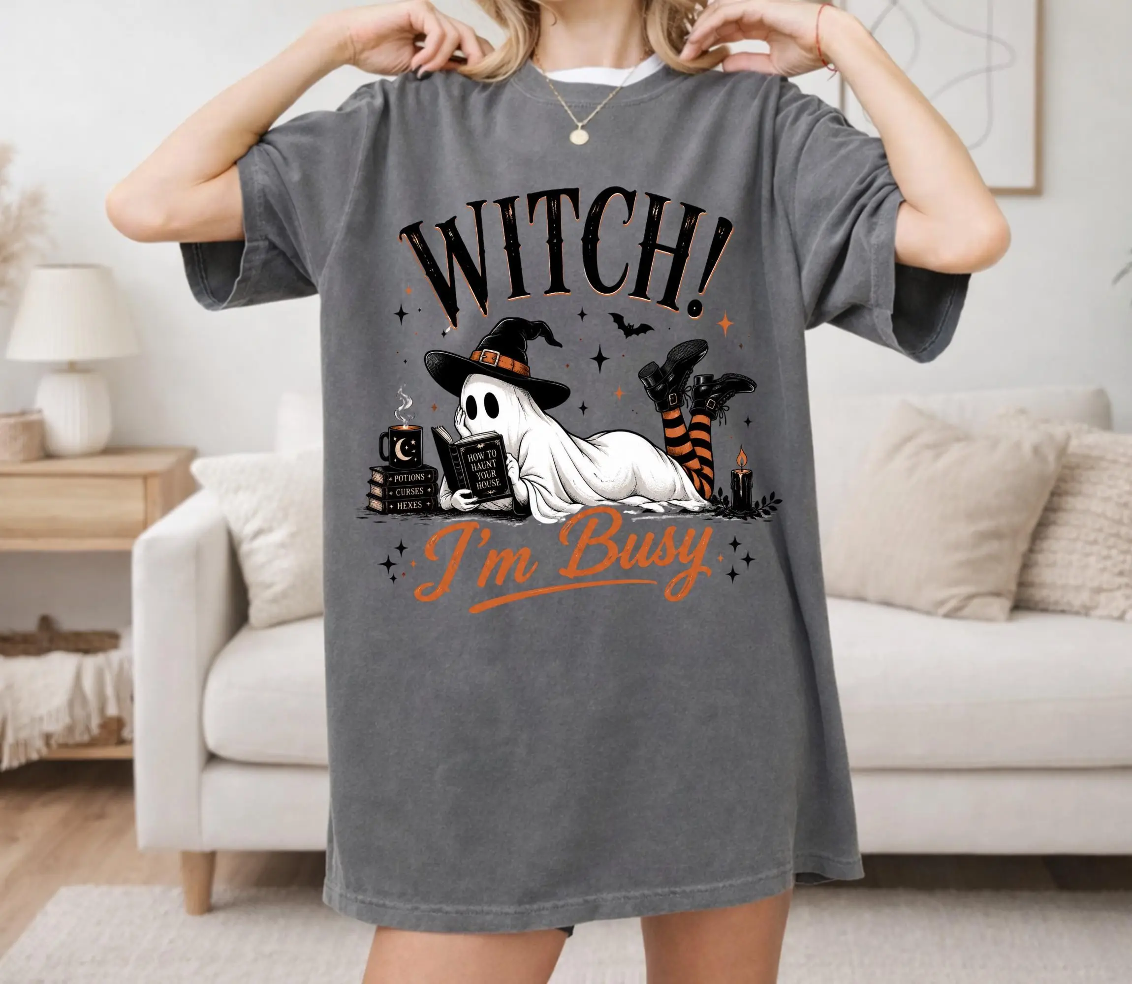 Comfort Colors Witch I'm Busy Shirt, Cute Ghost Reading Book Halloween Tee, Spooky Season Fall Witchy Womens Top - photo 4
