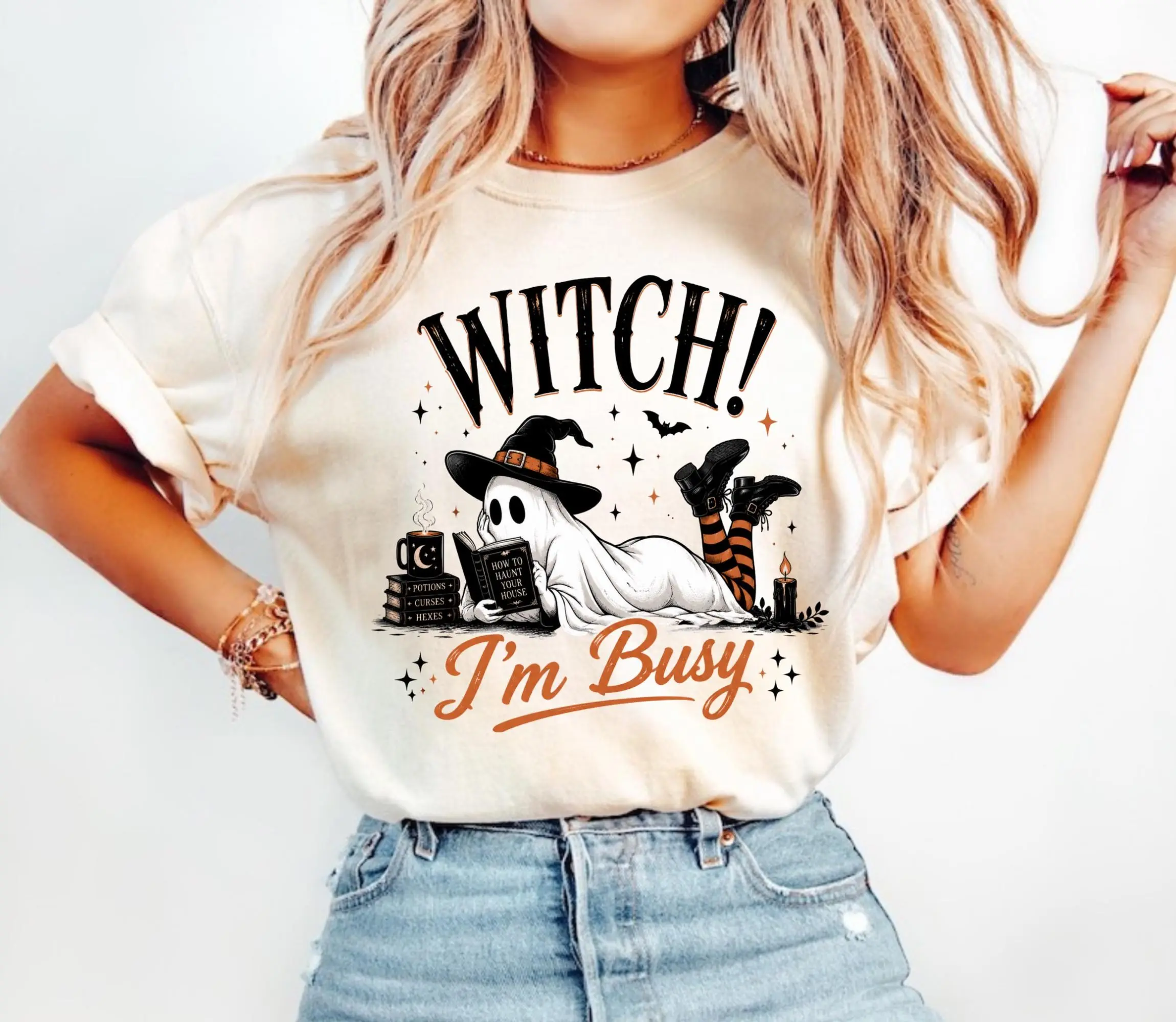 Comfort Colors Witch I'm Busy Shirt, Cute Ghost Reading Book Halloween Tee, Spooky Season Fall Witchy Womens Top - photo 5