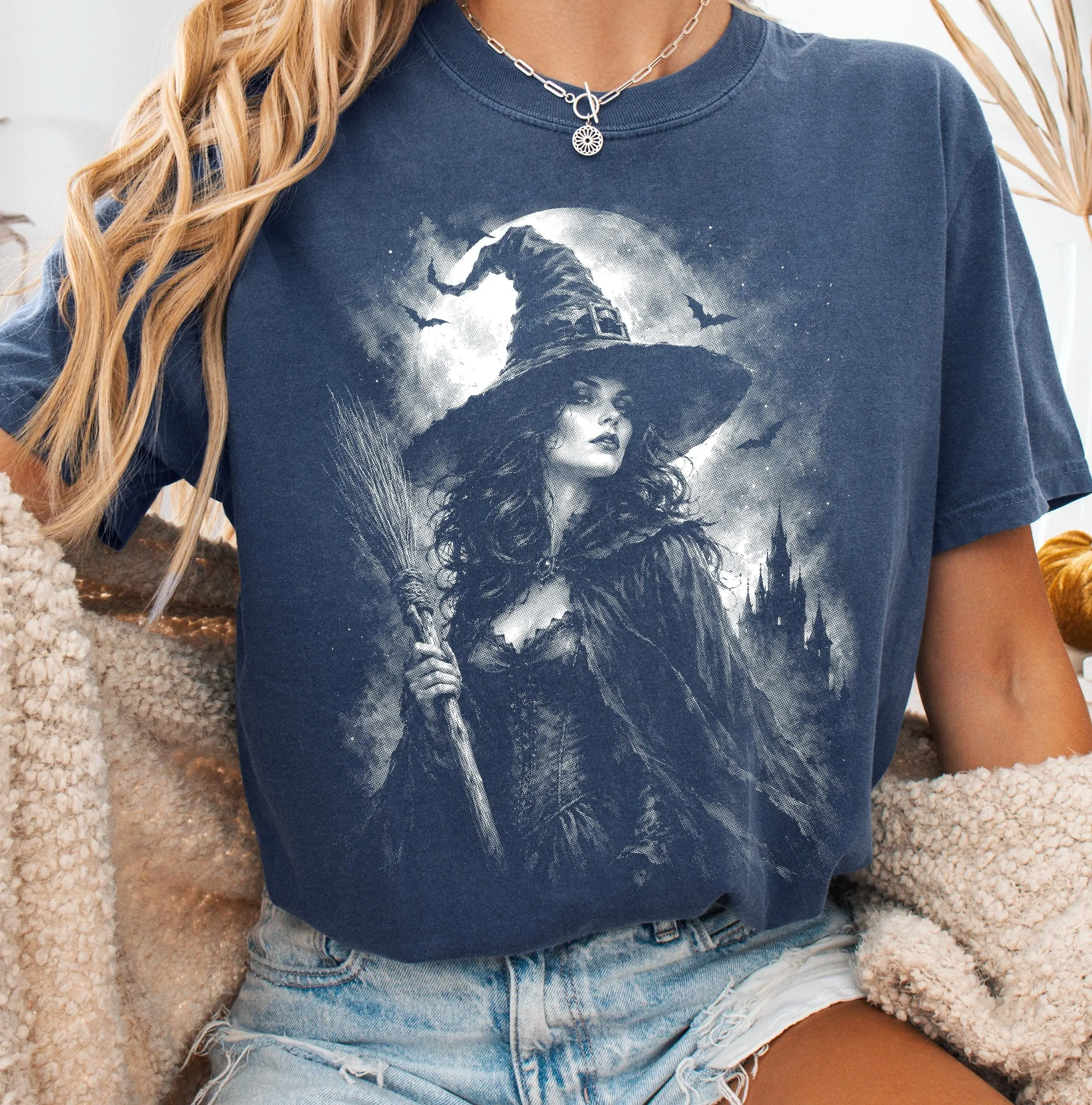 Comfort Colors Witch Halftone Shirt, Spooky Season Gothic Sorceress Halloween Graphic Tee - photo 5