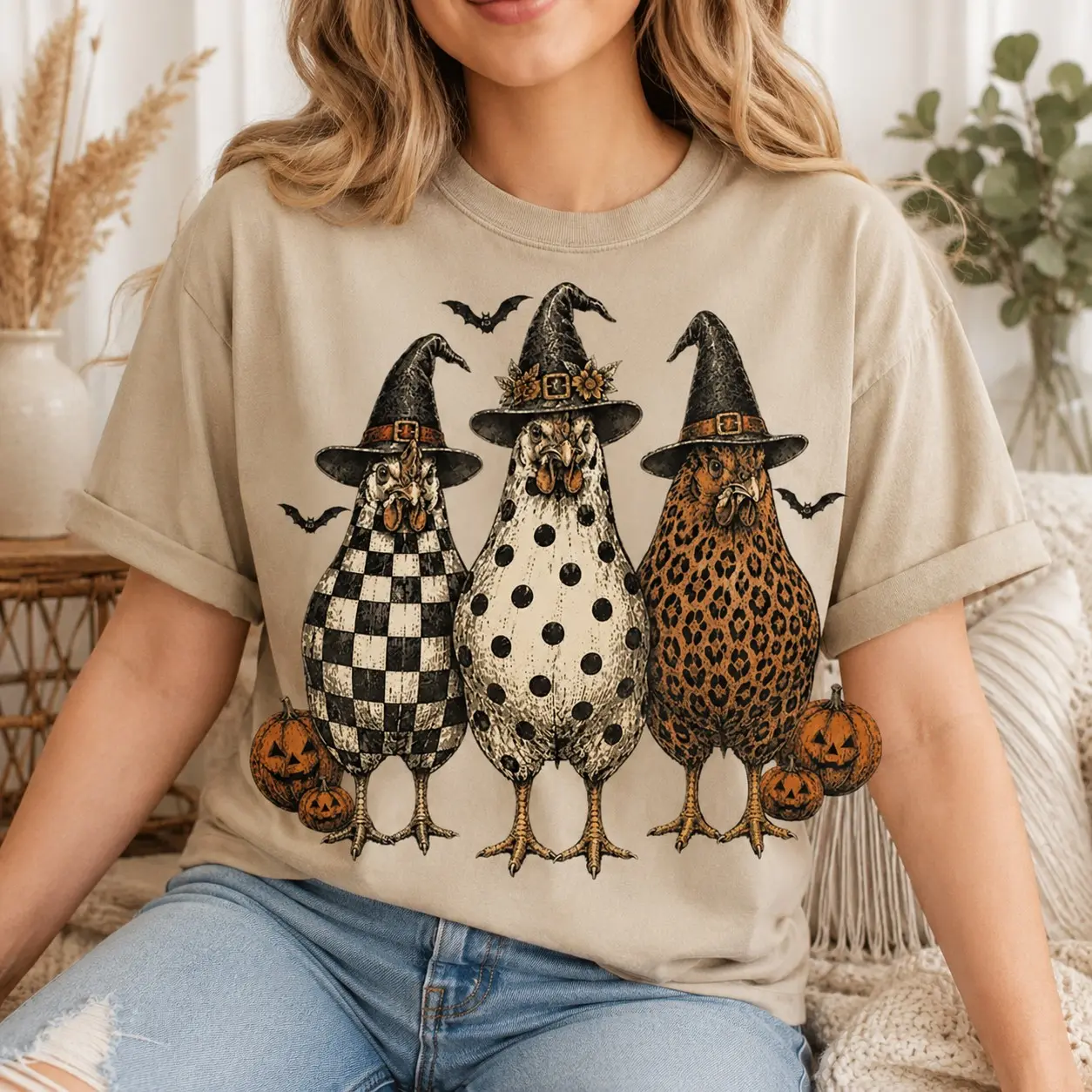 Comfort Colors Witch Hat Chickens Jack-o-Lanterns Adults Shirts for Women Halloween Party - photo 1