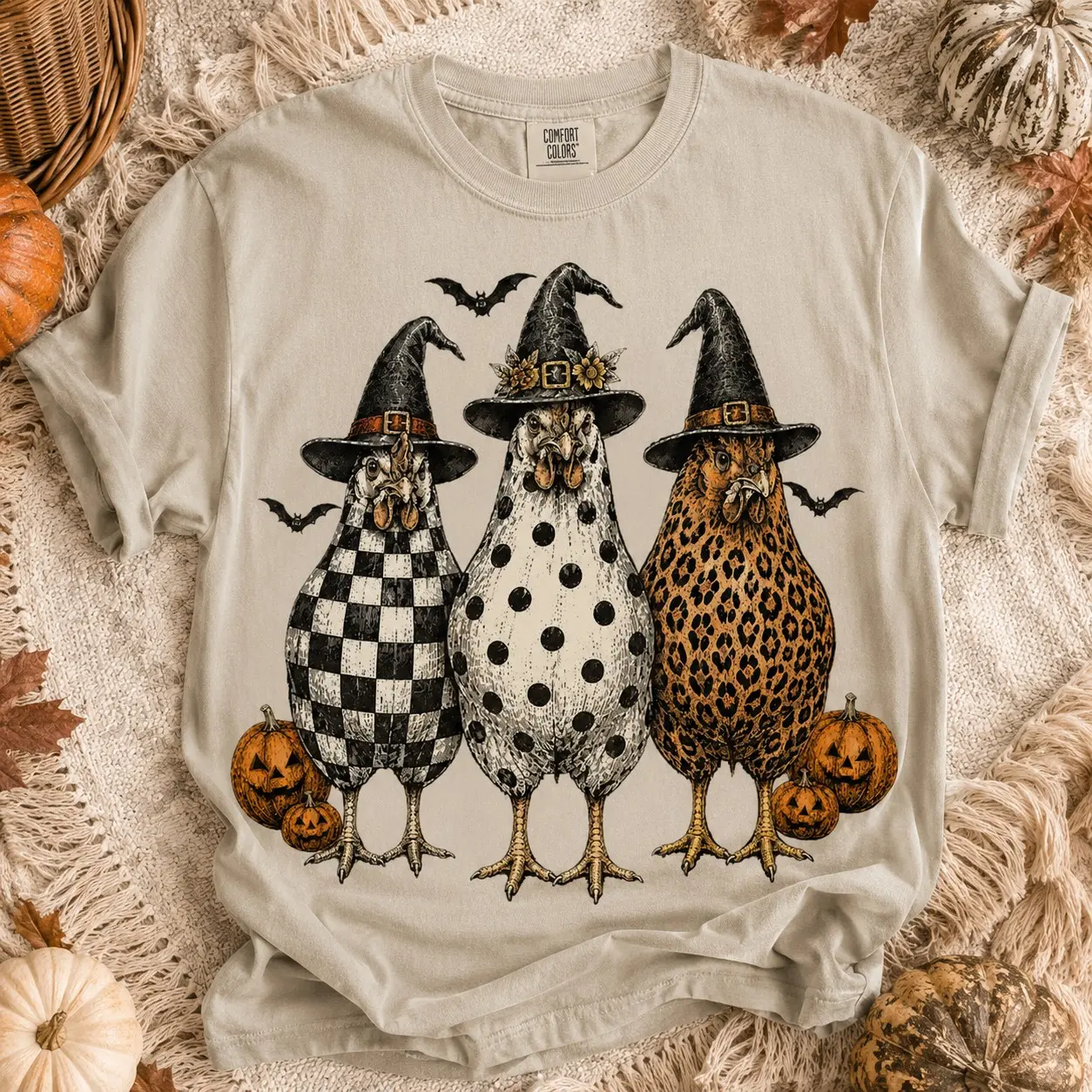 Comfort Colors Witch Hat Chickens Jack-o-Lanterns Adults Shirts for Women Halloween Party - photo 2