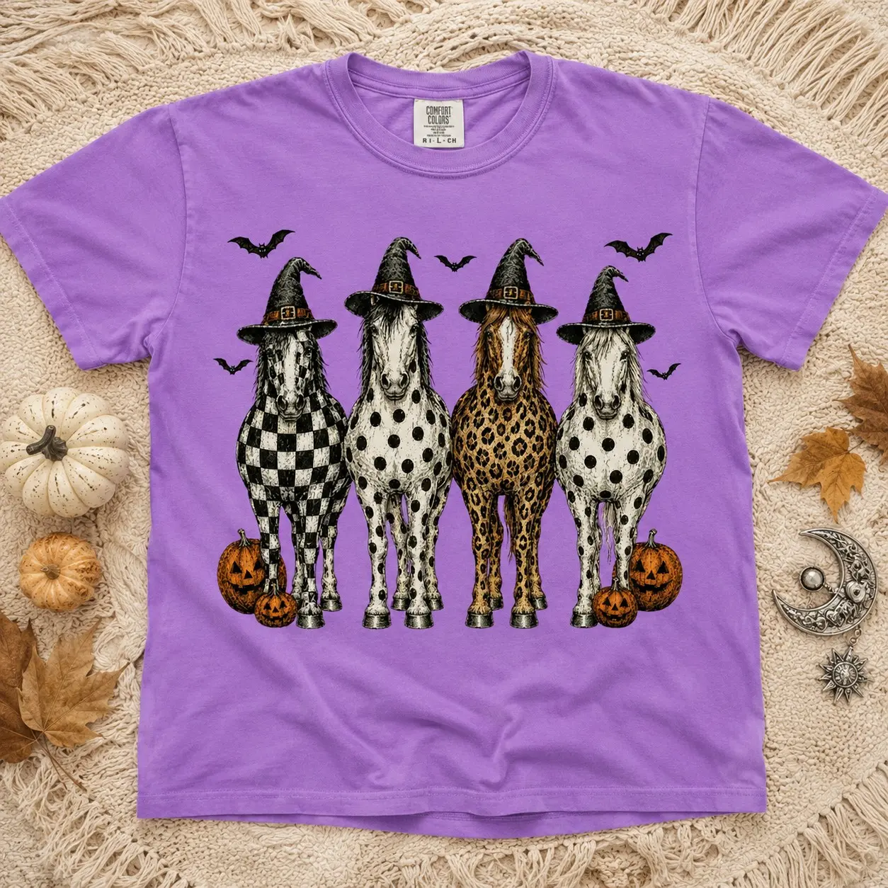 Comfort Colors Witch Hat Horses Jack-o-Lantern Shirt for Women, Halloween Night Graphic Tee