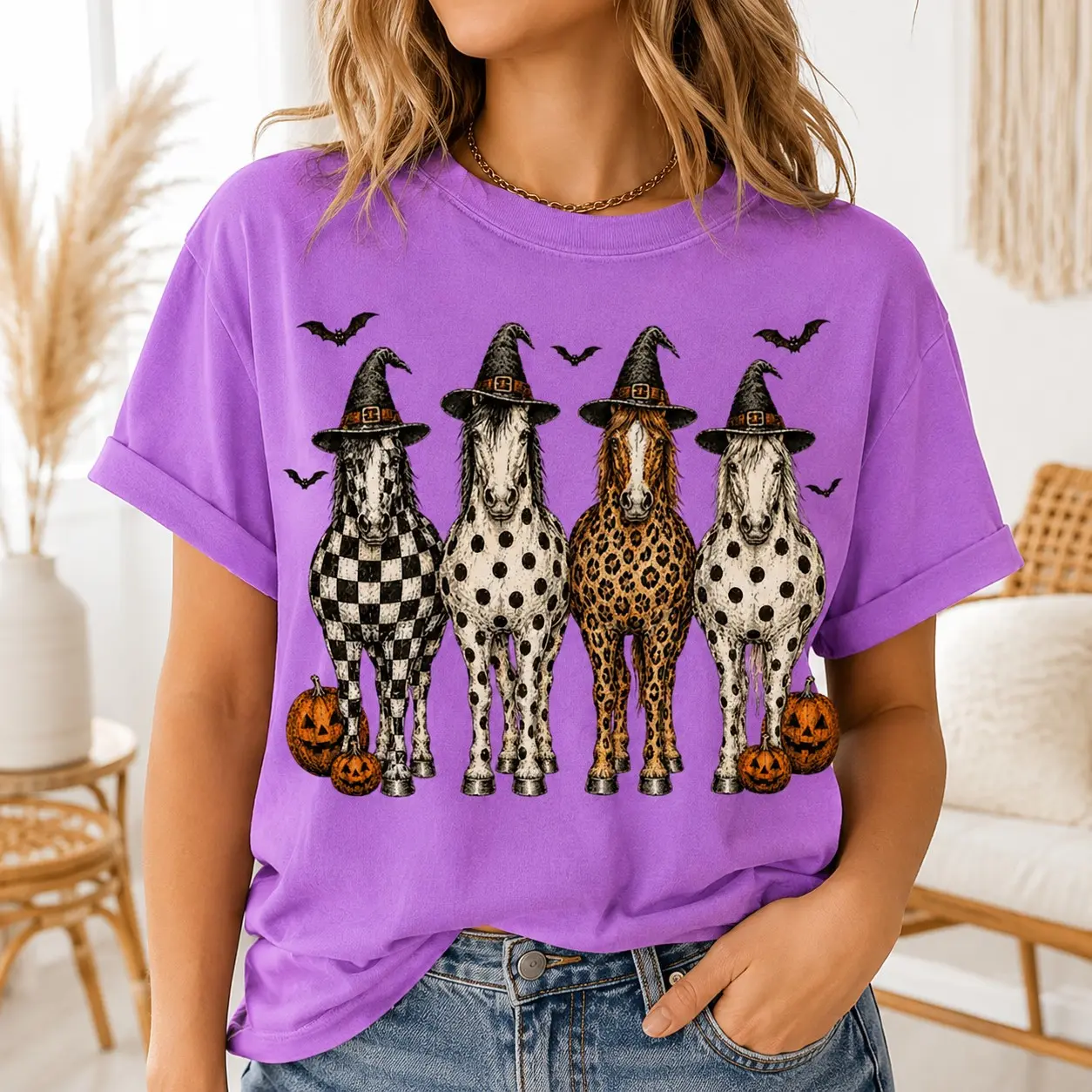 Comfort Colors Witch Hat Horses Jack-o-Lantern Shirt for Women, Halloween Night Graphic Tee - photo 2