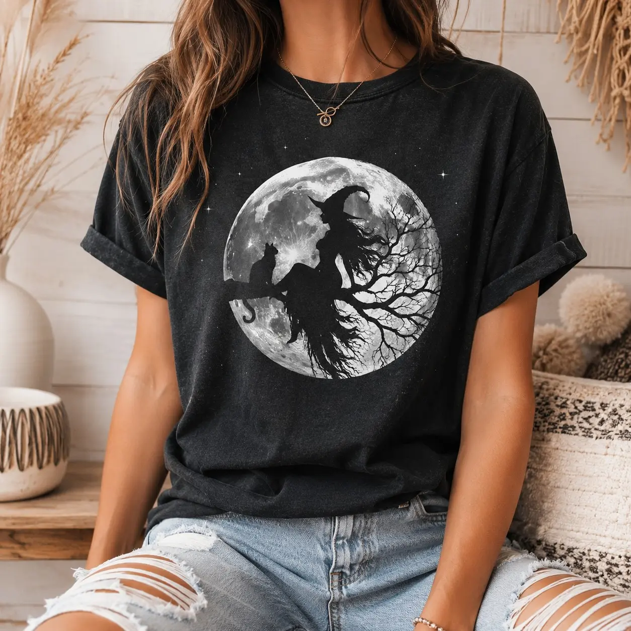 Comfort Colors Witch Silhouette Black Cat Full Moon Shirt, Ladies Short Sleeve Halloween Gathering Tee