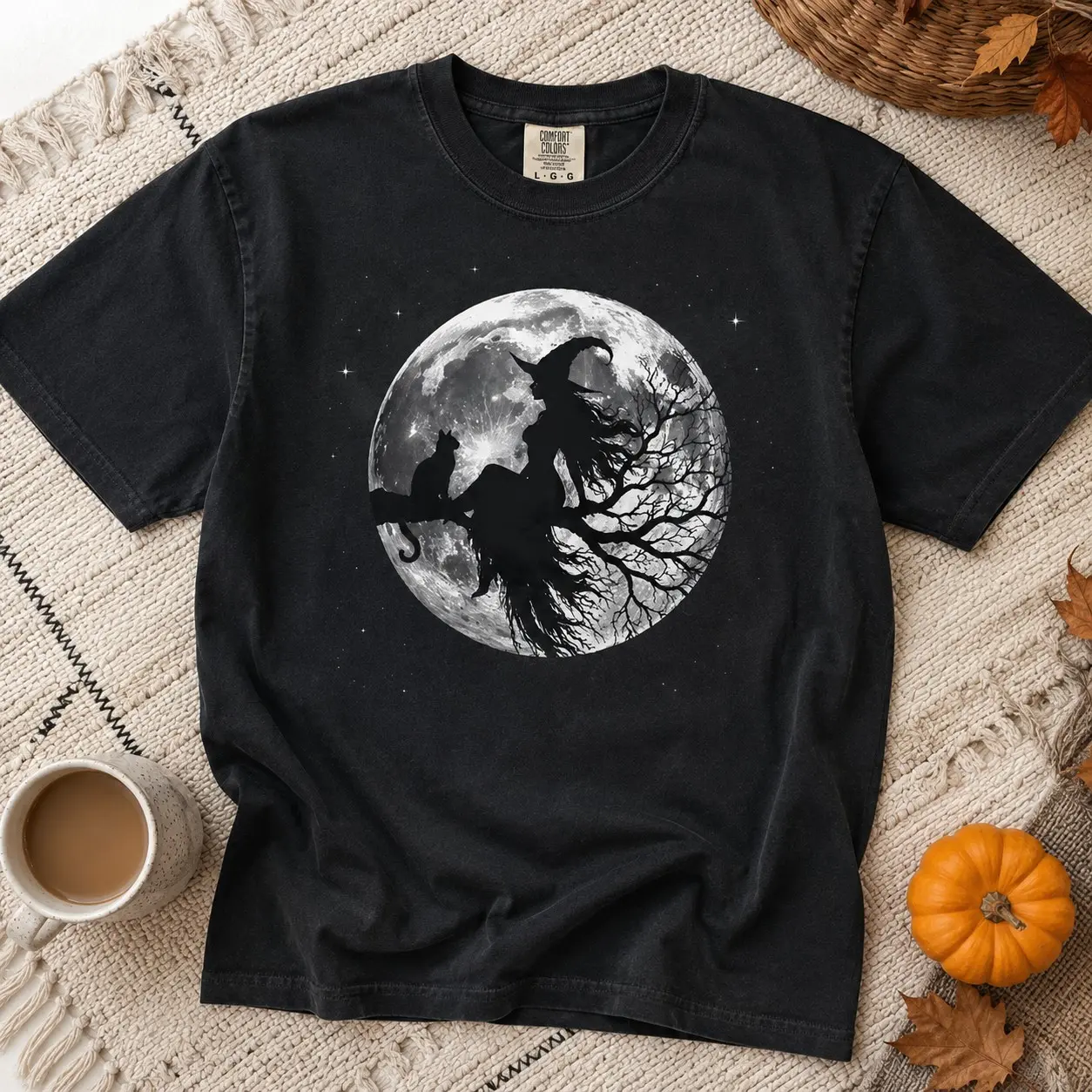 Comfort Colors Witch Silhouette Black Cat Full Moon Shirt, Ladies Short Sleeve Halloween Gathering Tee - photo 2