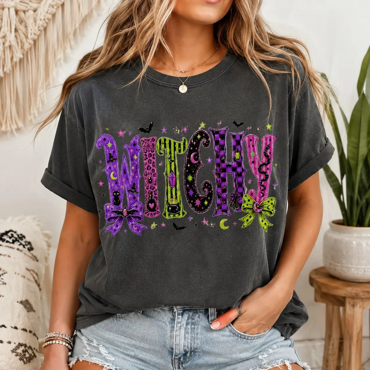 Comfort Colors Witchy Patterned Letters Black Cat Potion Women Graphic Shirts Halloween Party - photo 1