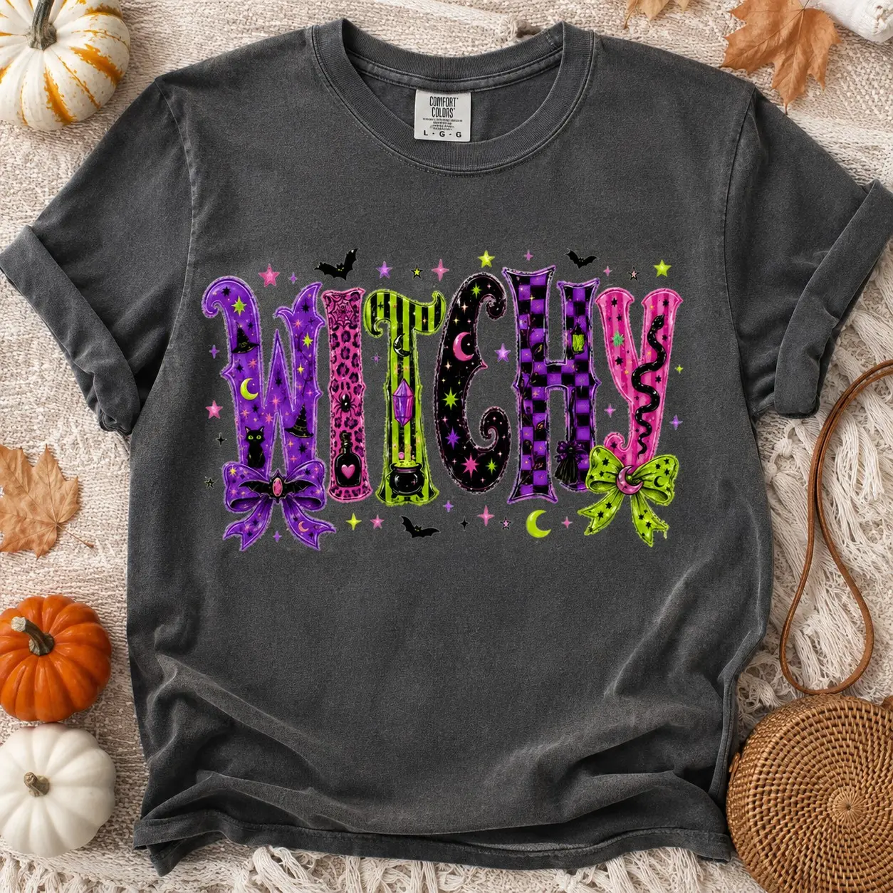 Comfort Colors Witchy Patterned Letters Black Cat Potion Women Graphic Shirts Halloween Party - photo 2