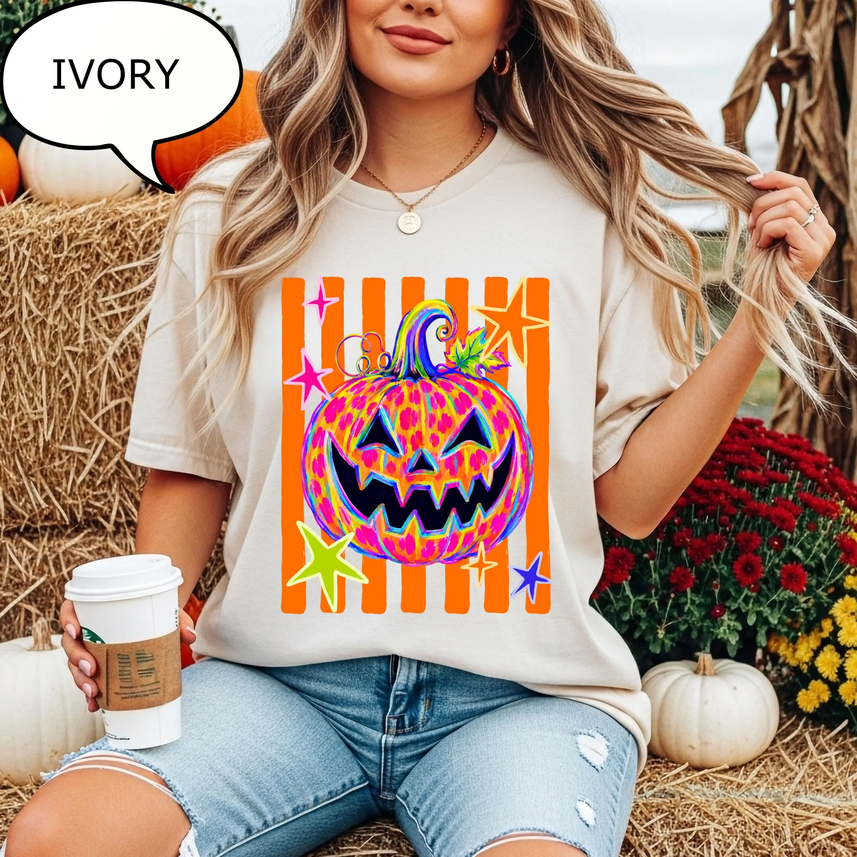 Comfort Colors Witchy Pumpkin T-Shirt, Retro Halloween Spooky Graphic Tee, Cozy Fall Gift - photo 2