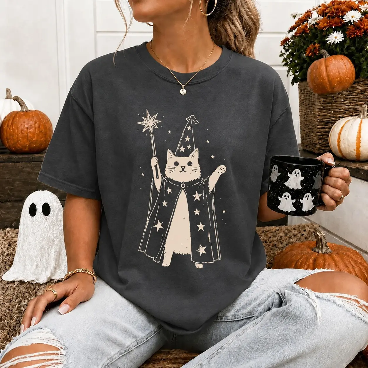 Comfort Colors Wizard Cat Halloween Shirt, Witchy Feline Magic Tee, Spooky Season Whimsigoth Kitty Top, Pet Lover Gift - photo 1