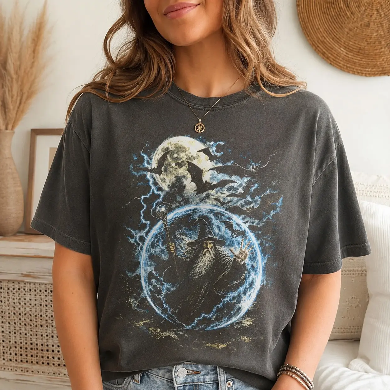 Comfort Colors Wizard Electric Energy Orb Bats Moon Ladies Graphic Shirts Halloween Party