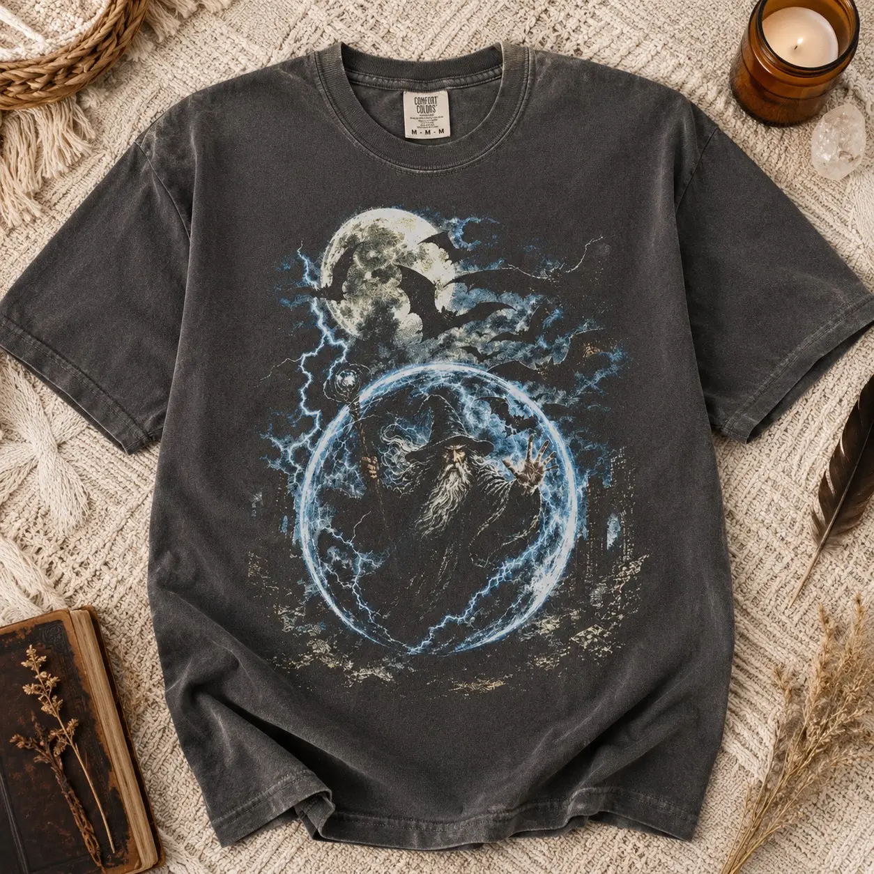Comfort Colors Wizard Electric Energy Orb Bats Moon Ladies Graphic Shirts Halloween Party - photo 2
