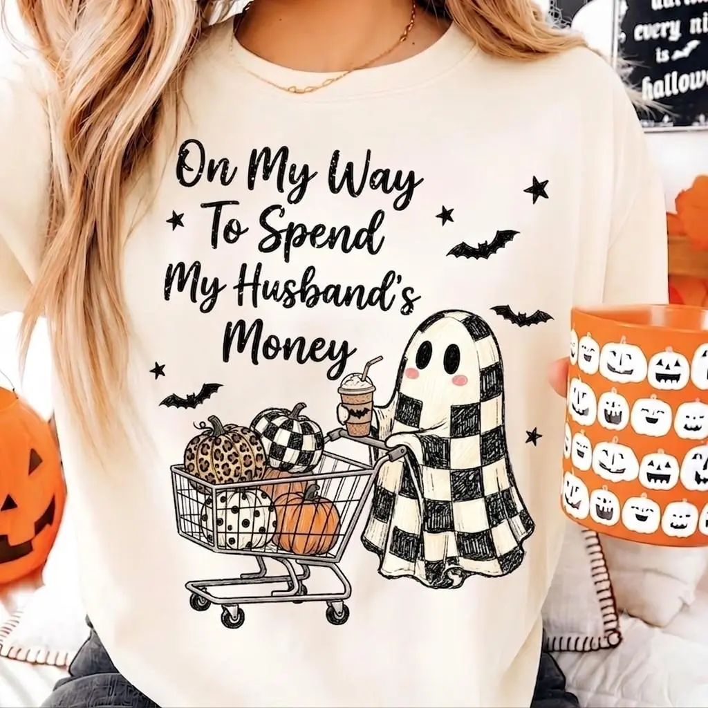 Comfort Colors Womens Halloween Ghost TShirt, On My Way To Spend My Husbands Money Funny Shopping Tee - photo 3