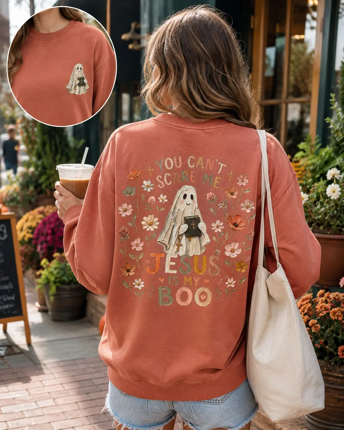 Comfort Colors You Cant Scare Me Jesus Is My Boo Sweatshirt, Cute Ghost Faith Graphic Pullover, Womens Fall Halloween Top - photo 1
