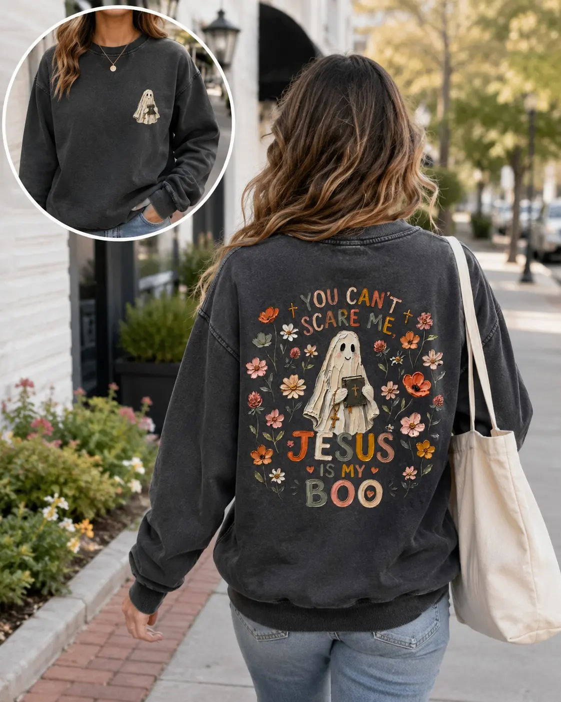 Comfort Colors You Cant Scare Me Jesus Is My Boo Sweatshirt, Cute Ghost Faith Graphic Pullover, Womens Fall Halloween Top - photo 2