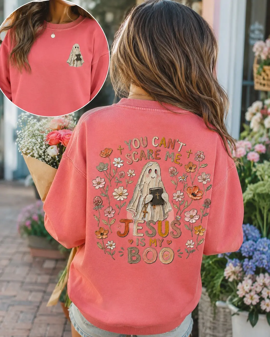 Comfort Colors You Cant Scare Me Jesus Is My Boo Sweatshirt, Cute Ghost Faith Graphic Pullover, Womens Fall Halloween Top - photo 3