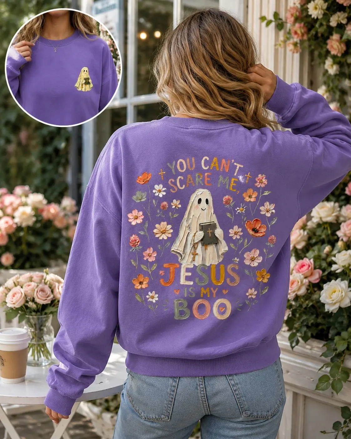 Comfort Colors You Cant Scare Me Jesus Is My Boo Sweatshirt, Cute Ghost Faith Graphic Pullover, Womens Fall Halloween Top - photo 4