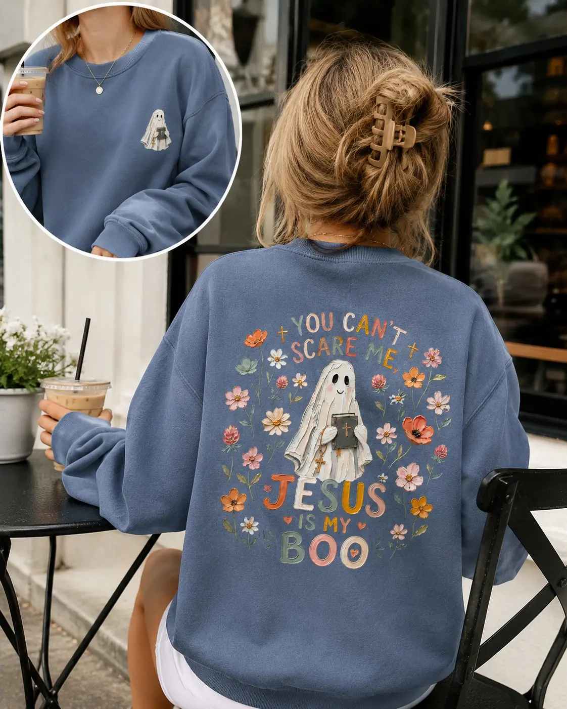 Comfort Colors You Cant Scare Me Jesus Is My Boo Sweatshirt, Cute Ghost Faith Graphic Pullover, Womens Fall Halloween Top - photo 5
