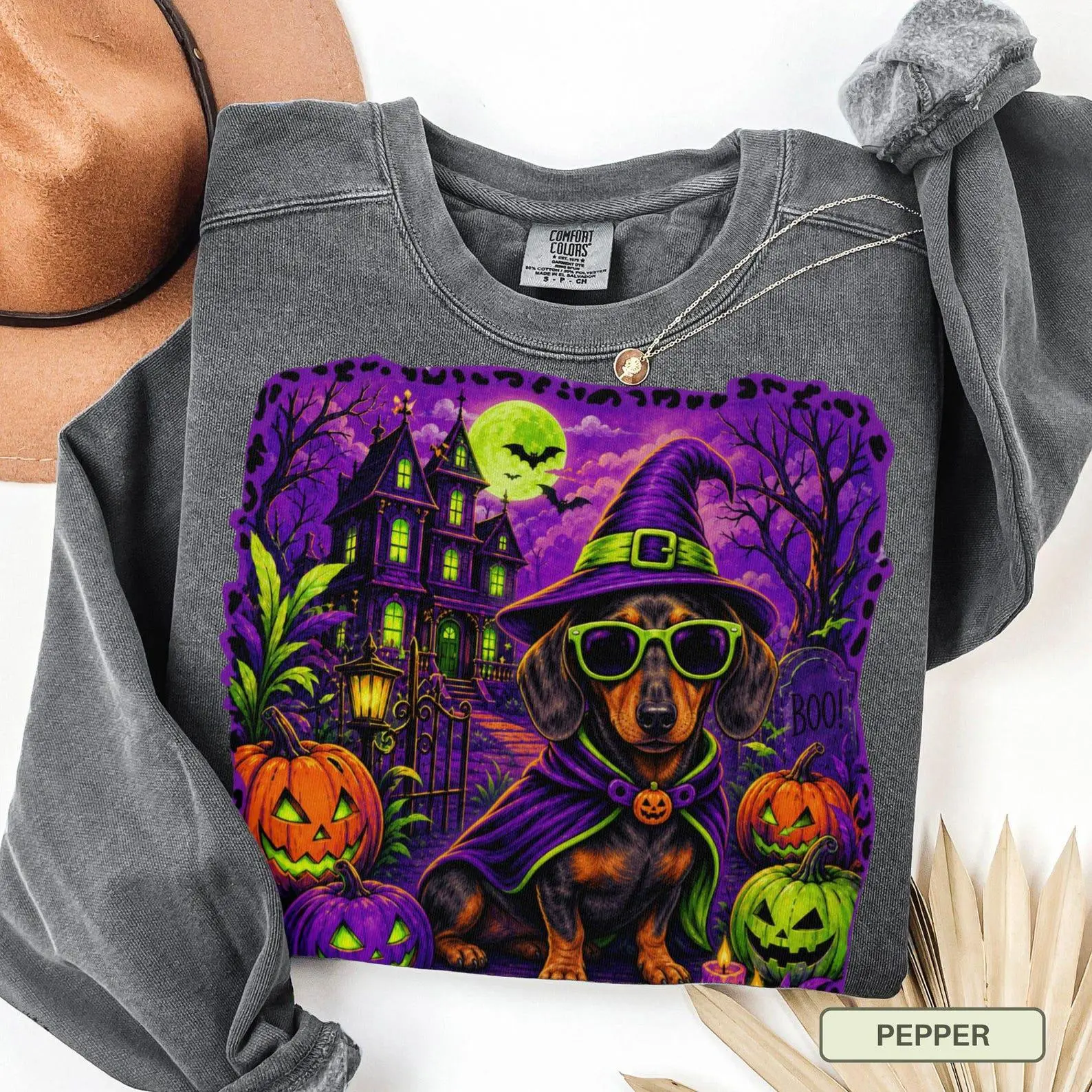 Comfort Colors Dachshund Halloween Sweatshirt, Wiener Dog Ghost Crewneck, Spooky Season Doxie Mom Fall Gift - photo 2