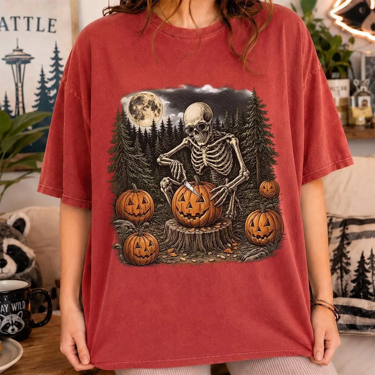Comfort Colors Skeleton Sunglasses Shirt, Carving Jack O Lantern Pumpkin Full Moon Dark Forest Spooky Fall Gift