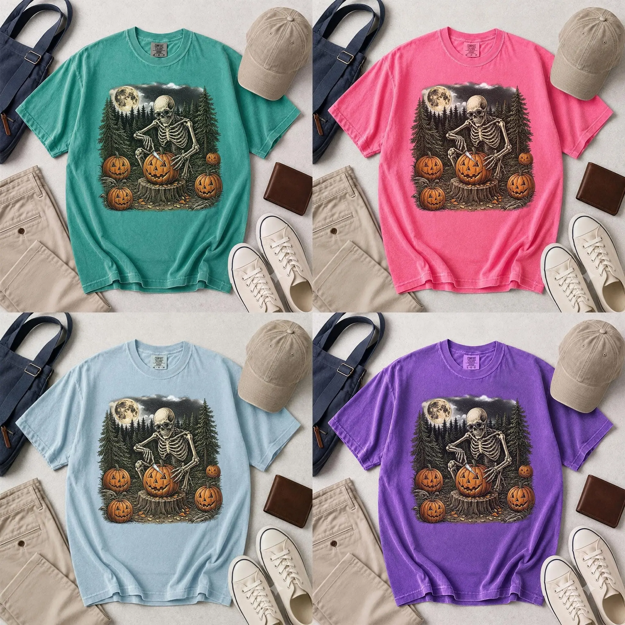 Comfort Colors Skeleton Sunglasses Shirt, Carving Jack O Lantern Pumpkin Full Moon Dark Forest Spooky Fall Gift - photo 2