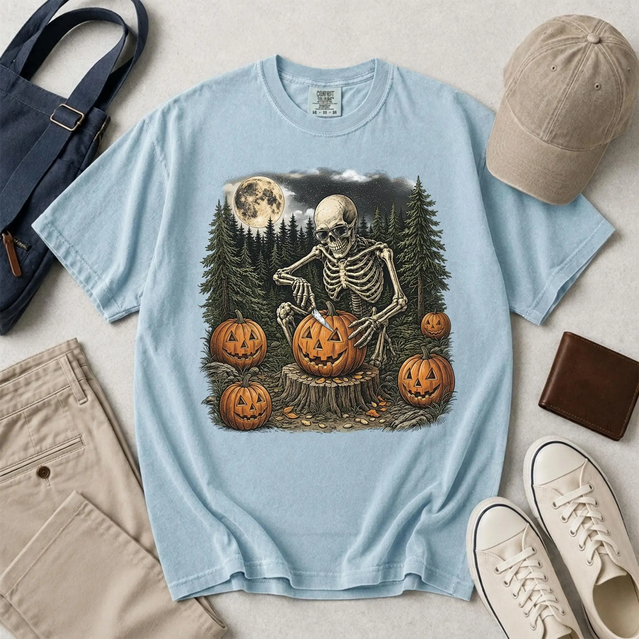 Comfort Colors Skeleton Sunglasses Shirt, Carving Jack O Lantern Pumpkin Full Moon Dark Forest Spooky Fall Gift - photo 3