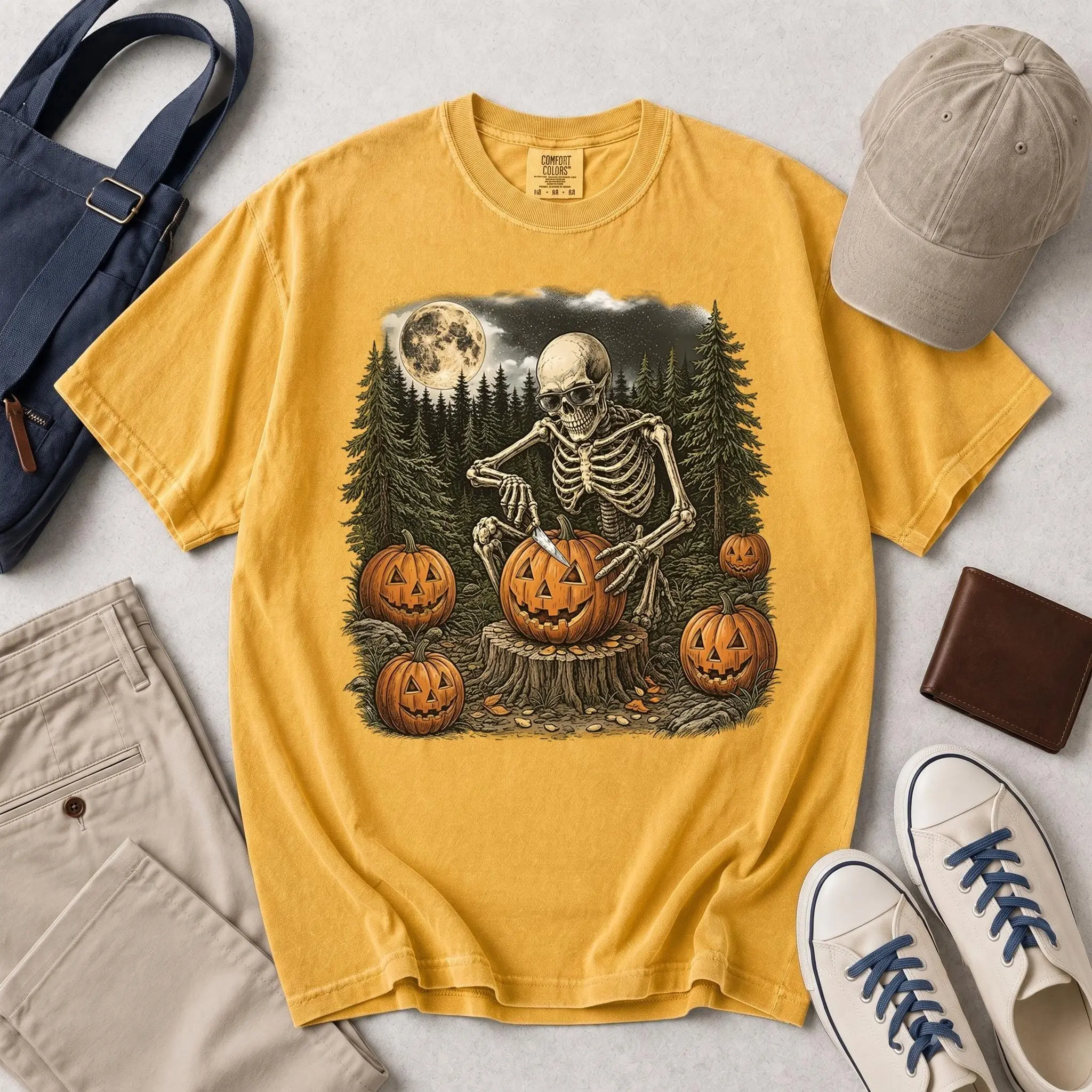 Comfort Colors Skeleton Sunglasses Shirt, Carving Jack O Lantern Pumpkin Full Moon Dark Forest Spooky Fall Gift - photo 4