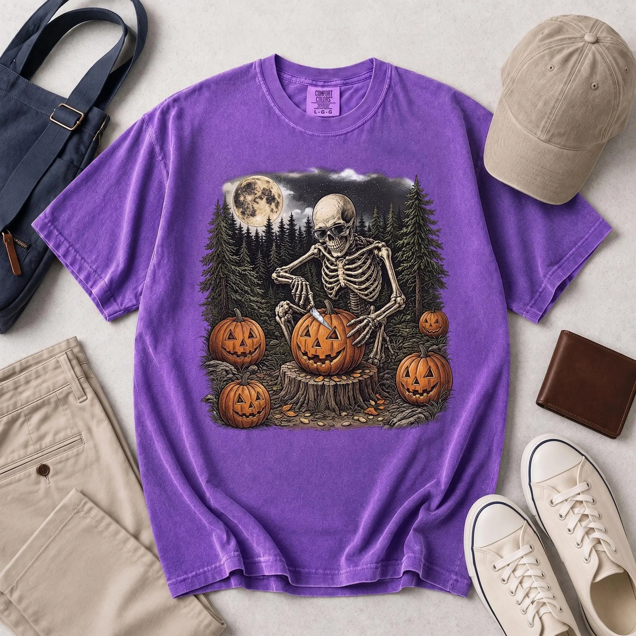 Comfort Colors Skeleton Sunglasses Shirt, Carving Jack O Lantern Pumpkin Full Moon Dark Forest Spooky Fall Gift - photo 5