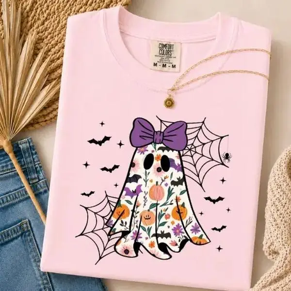 Comfort Colors Coquette Floral Ghost Halloween Bow Tee, Cute Pumpkin Spider Web Spooky Fall Gift for Women