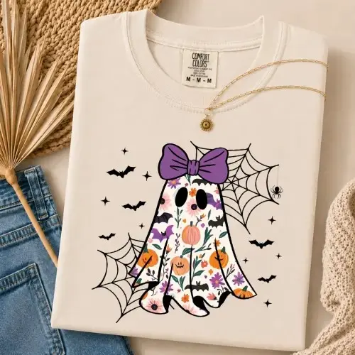 Comfort Colors Coquette Floral Ghost Halloween Bow Tee, Cute Pumpkin Spider Web Spooky Fall Gift for Women - photo 3