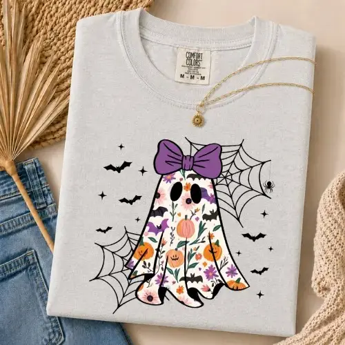 Comfort Colors Coquette Floral Ghost Halloween Bow Tee, Cute Pumpkin Spider Web Spooky Fall Gift for Women - photo 4