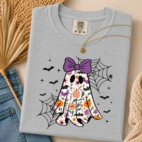 Comfort Colors Coquette Floral Ghost Halloween Bow Tee, Cute Pumpkin Spider Web Spooky Fall Gift for Women - photo 5
