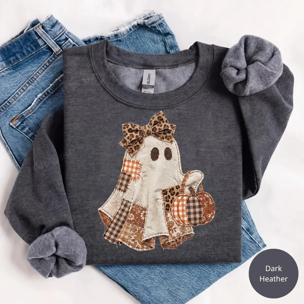 Coquette Ghost Printed Sweatshirt, Cute Preppy Pumpkin Graphic Top, Girly Halloween Spooky Fall Autumn Gift - photo 3