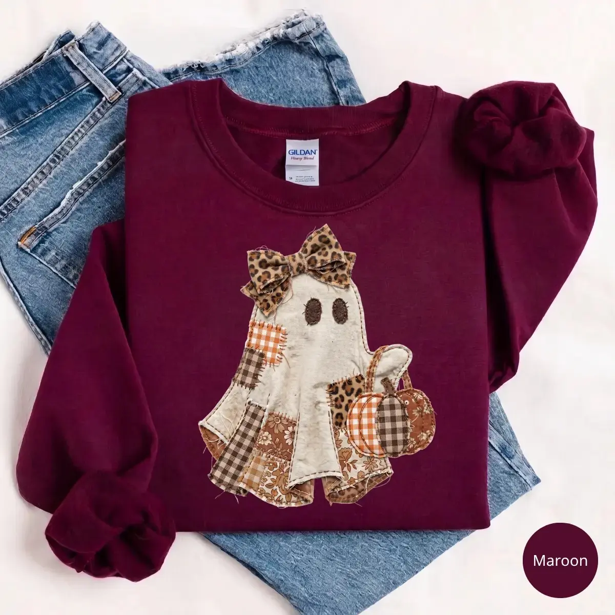 Coquette Ghost Printed Sweatshirt, Cute Preppy Pumpkin Graphic Top, Girly Halloween Spooky Fall Autumn Gift - photo 4