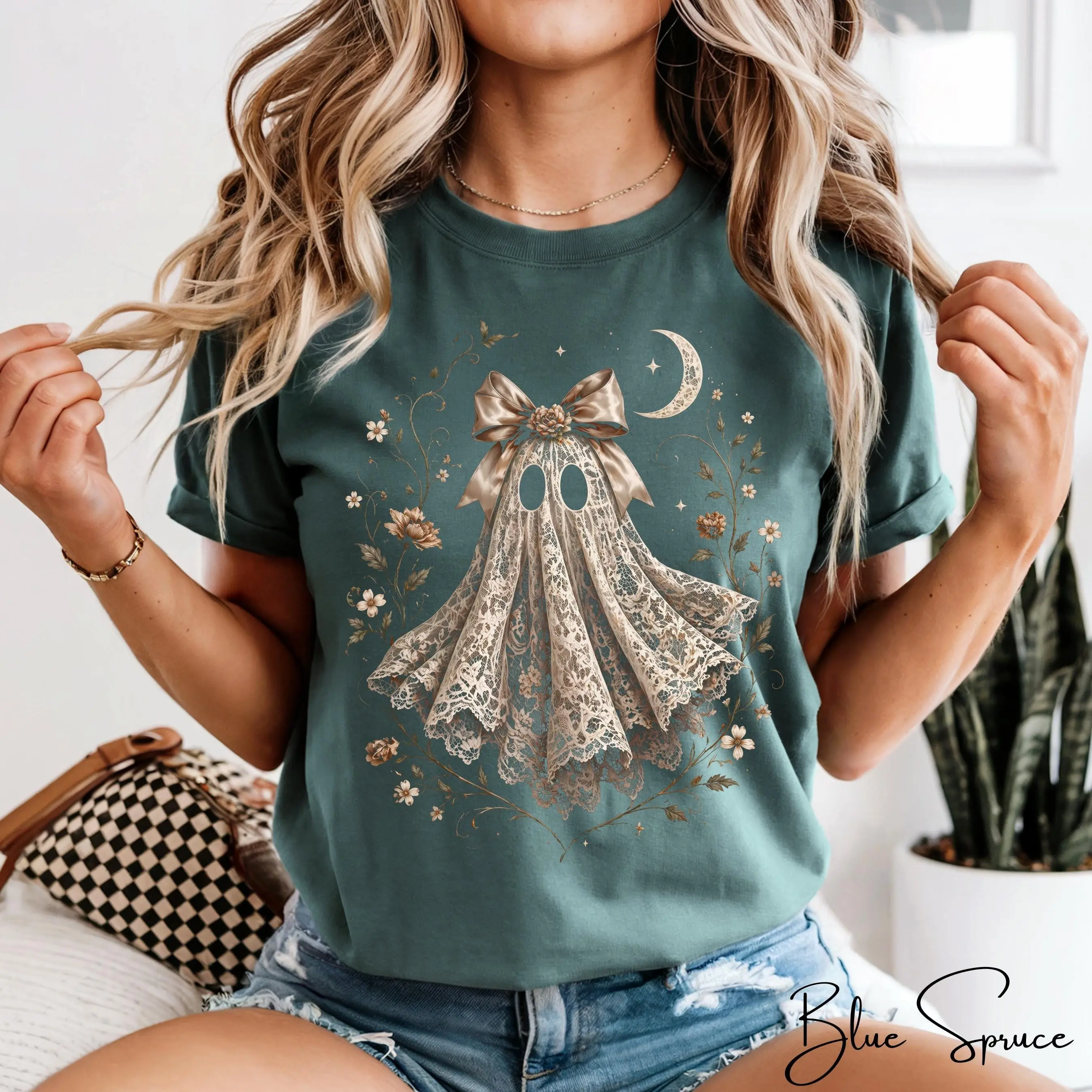 Comfort Colors 1717 Coquette Ghost Shirt, Lace Floral Graphic Tee, Cute Spooky Halloween Top - photo 2