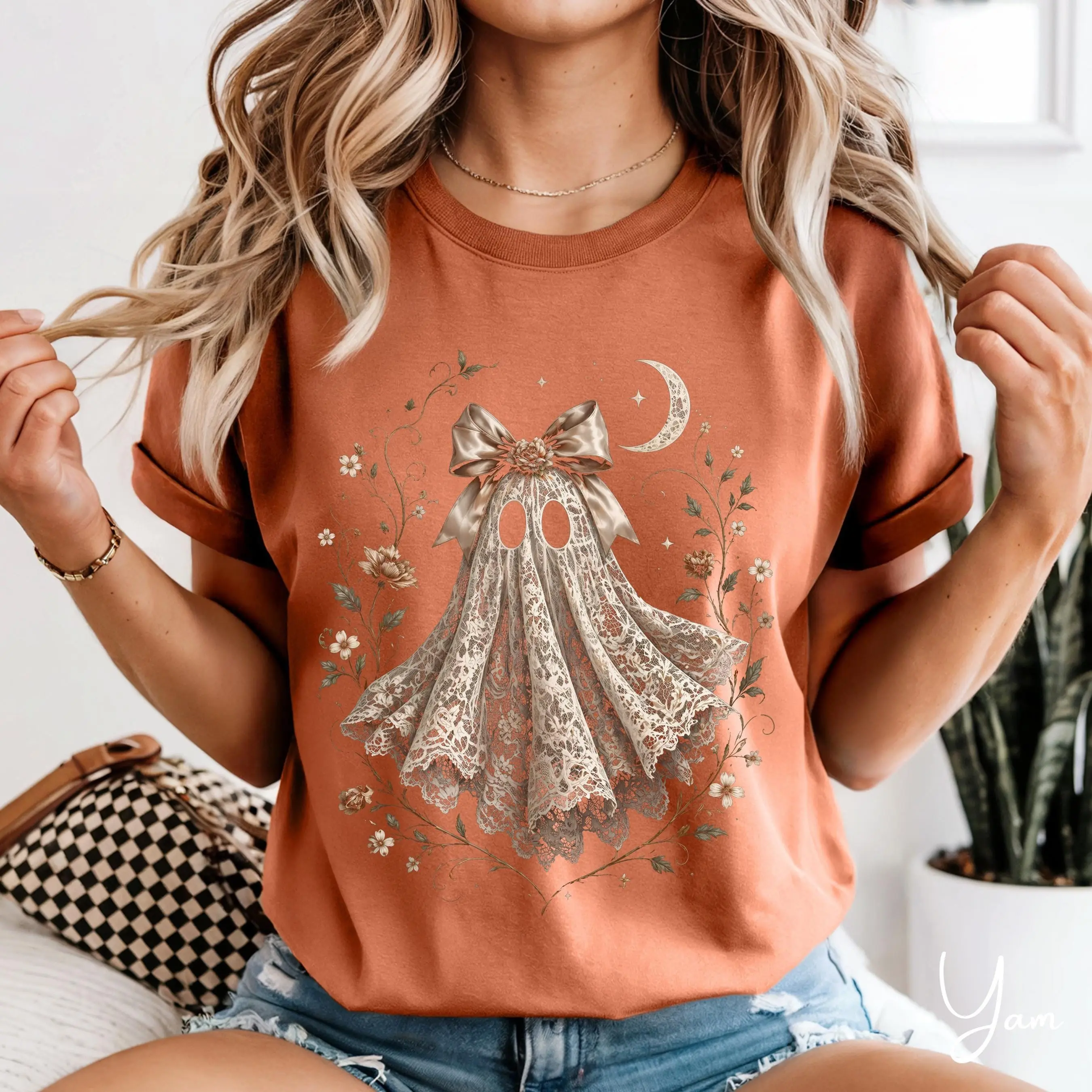 Comfort Colors 1717 Coquette Ghost Shirt, Lace Floral Graphic Tee, Cute Spooky Halloween Top - photo 3
