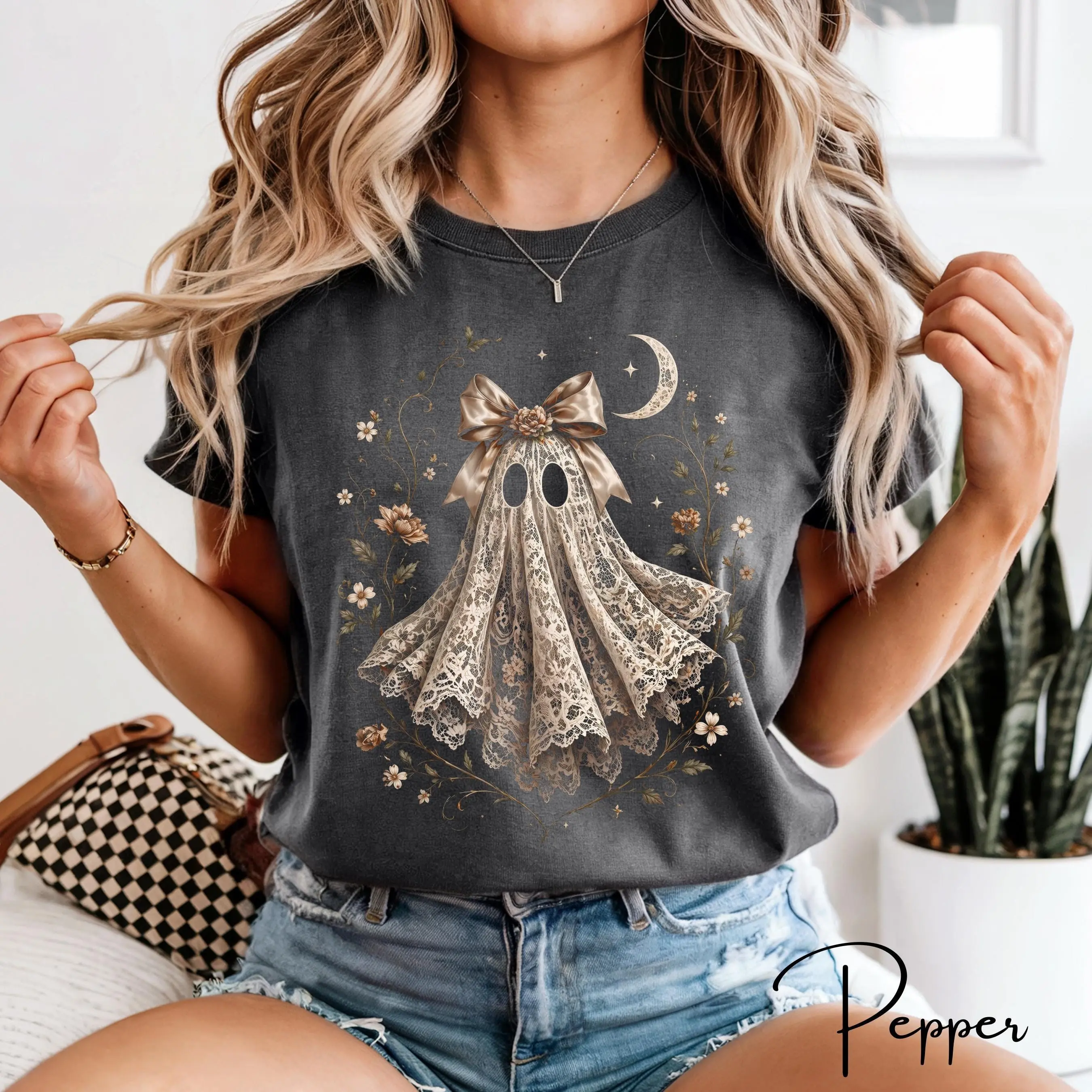 Comfort Colors 1717 Coquette Ghost Shirt, Lace Floral Graphic Tee, Cute Spooky Halloween Top - photo 5