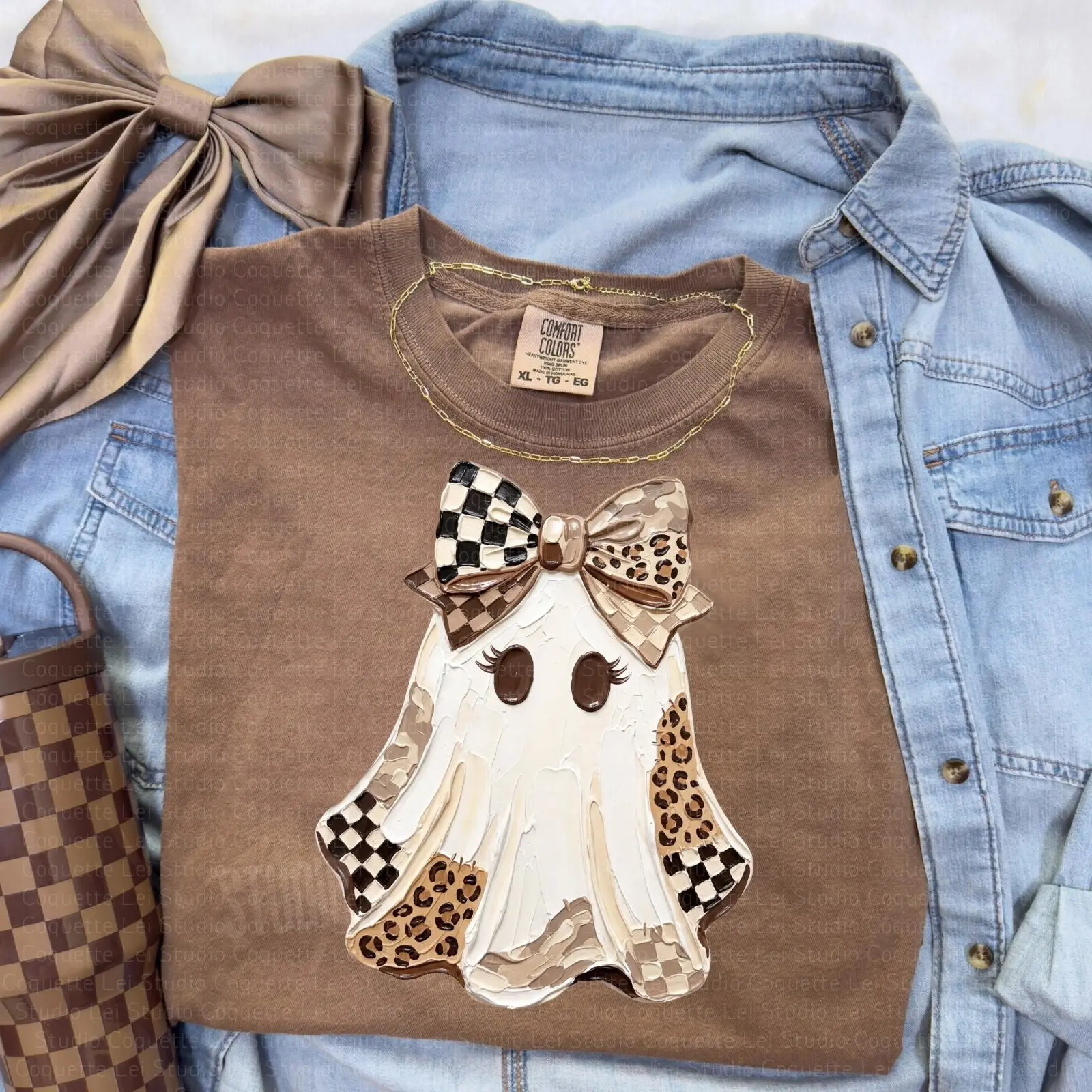 Coquette Pink Ghost T-Shirt, Preppy Retro Bow Tee, Cute Halloween Fall Womens Graphic Short Sleeve Top - photo 3