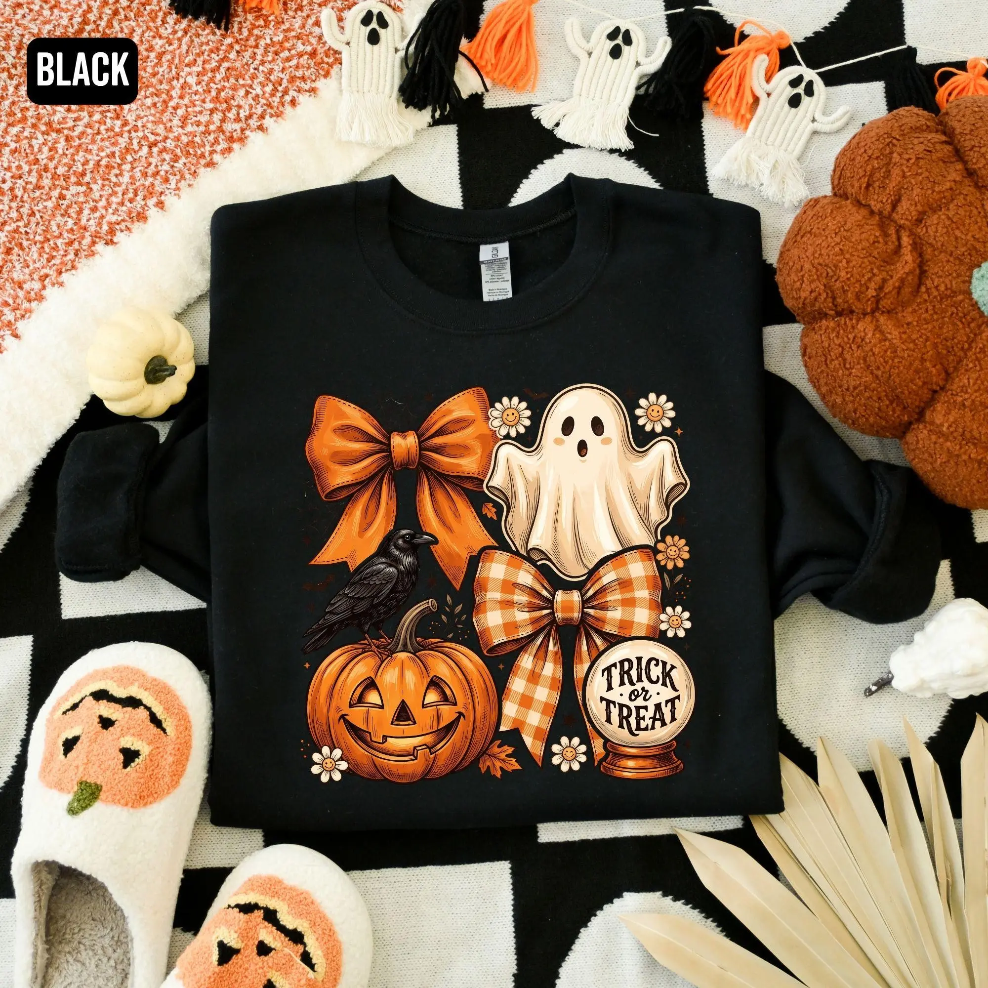 Coquette Halloween Ghost Shirt for Women, Trick or Treat Spooky Season Pumpkin Bow Fall Cute Graphic Tee Gift