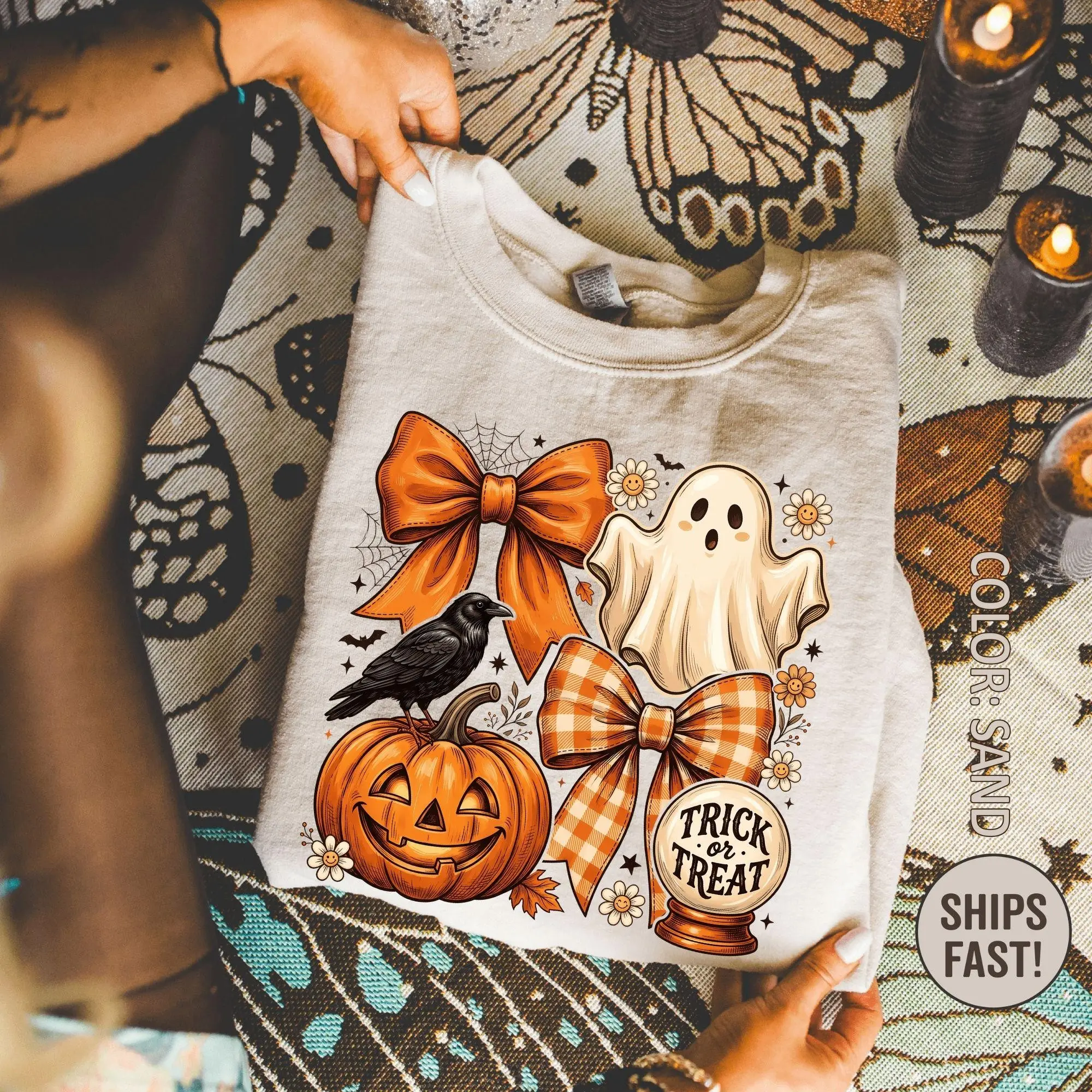 Coquette Halloween Ghost Shirt for Women, Trick or Treat Spooky Season Pumpkin Bow Fall Cute Graphic Tee Gift - photo 2