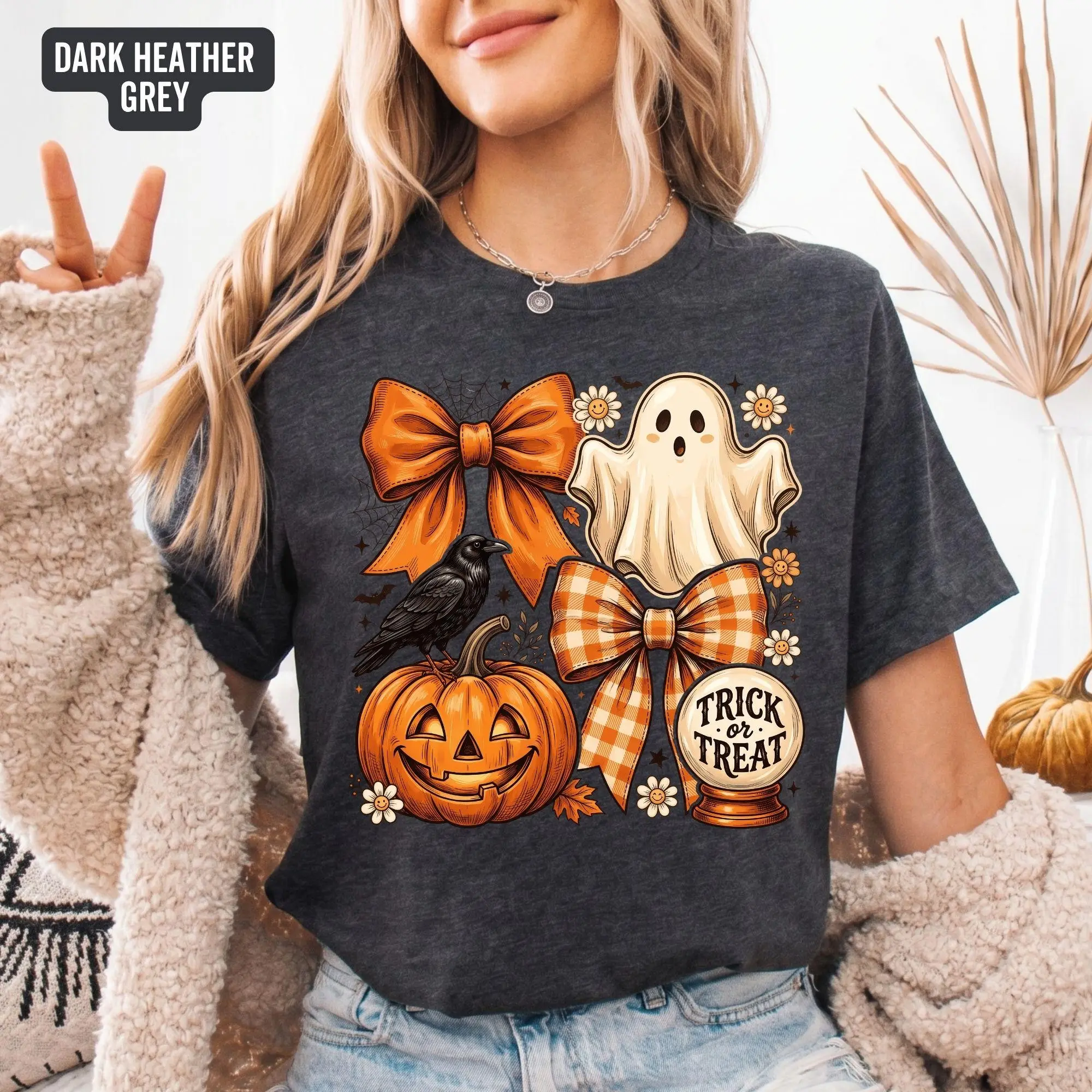 Coquette Halloween Ghost Shirt for Women, Trick or Treat Spooky Season Pumpkin Bow Fall Cute Graphic Tee Gift - photo 3