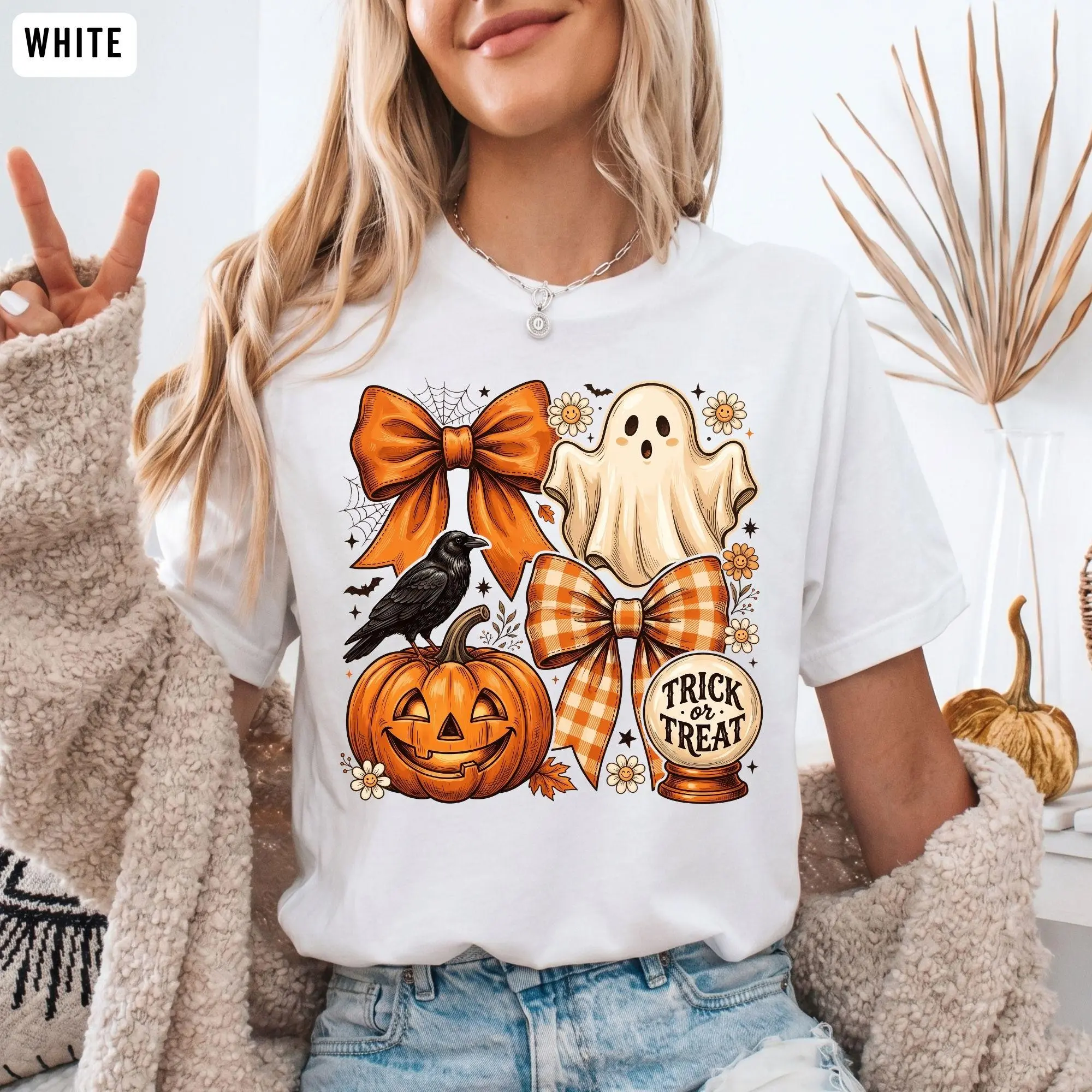 Coquette Halloween Ghost Shirt for Women, Trick or Treat Spooky Season Pumpkin Bow Fall Cute Graphic Tee Gift - photo 5