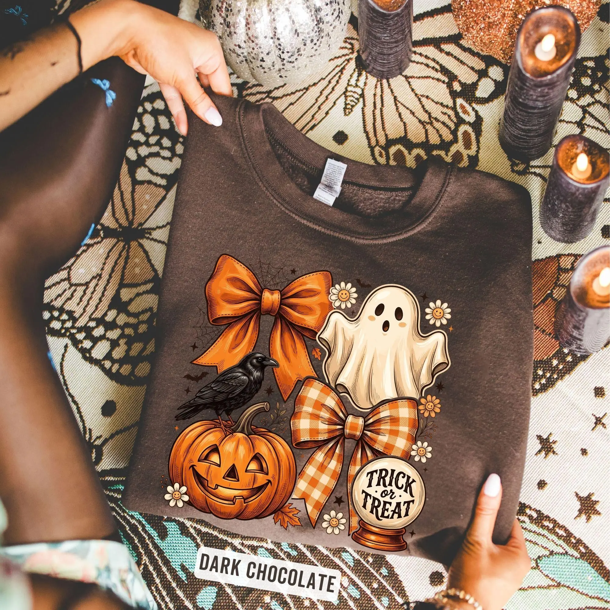 Coquette Halloween Ghost Sweatshirt for Women, Trick or Treat Spooky Season Pumpkin Bow Fall Cute Crewneck - photo 4