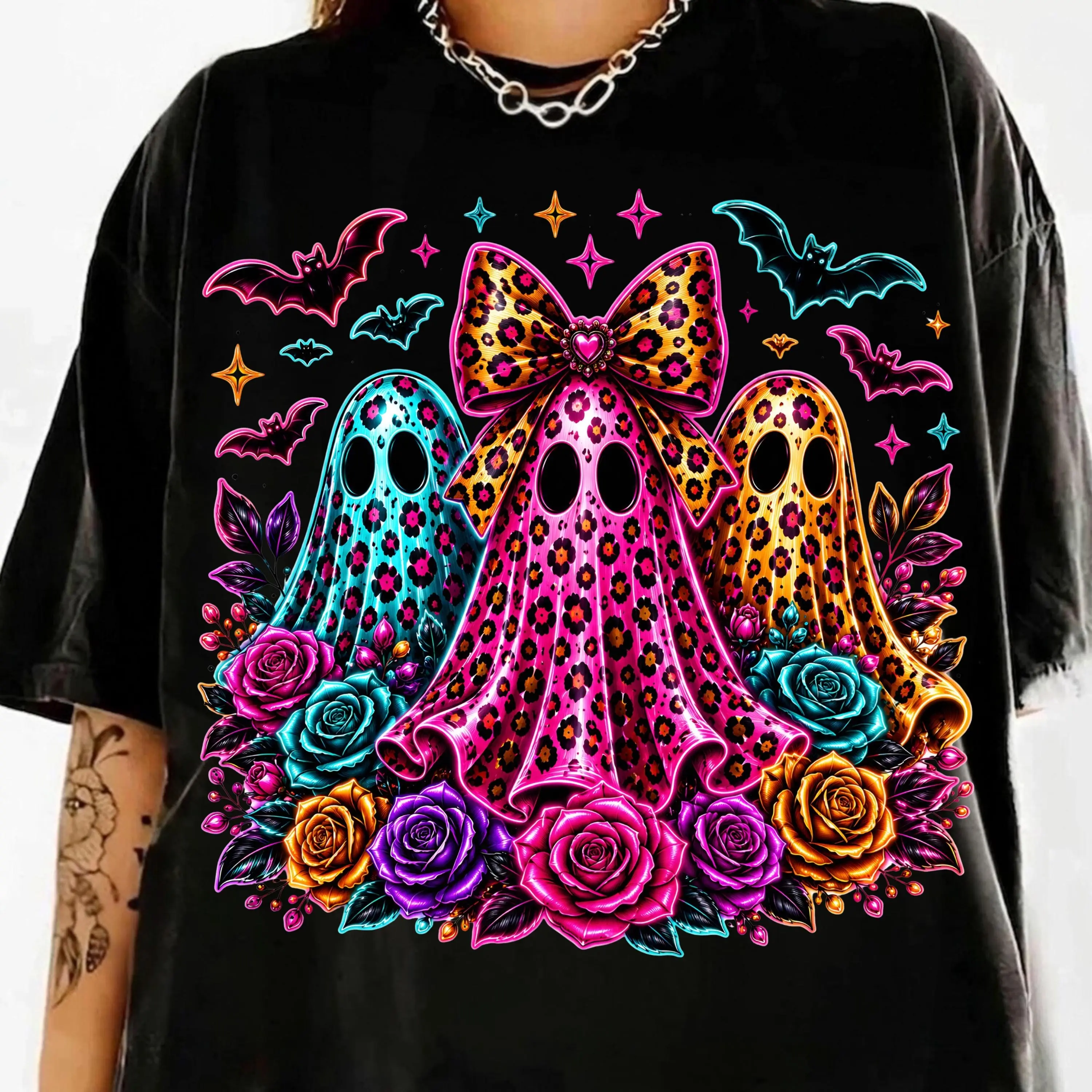 Comfort Colors Coquette Neon Ghost Trio T-Shirt, Leopard Floral Cute Preppy Spooky Season Halloween Tee
