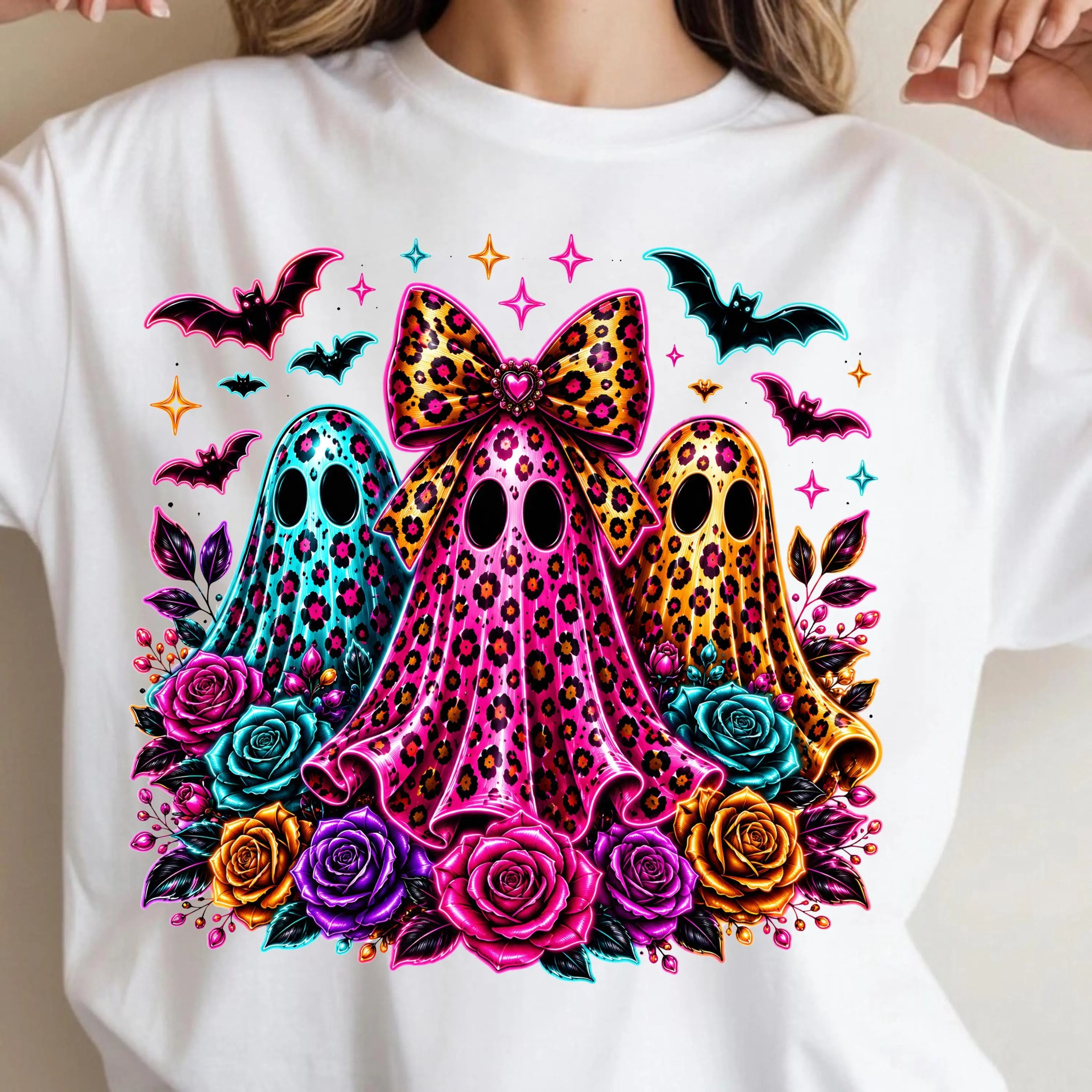 Comfort Colors Coquette Neon Ghost Trio T-Shirt, Leopard Floral Cute Preppy Spooky Season Halloween Tee - photo 2