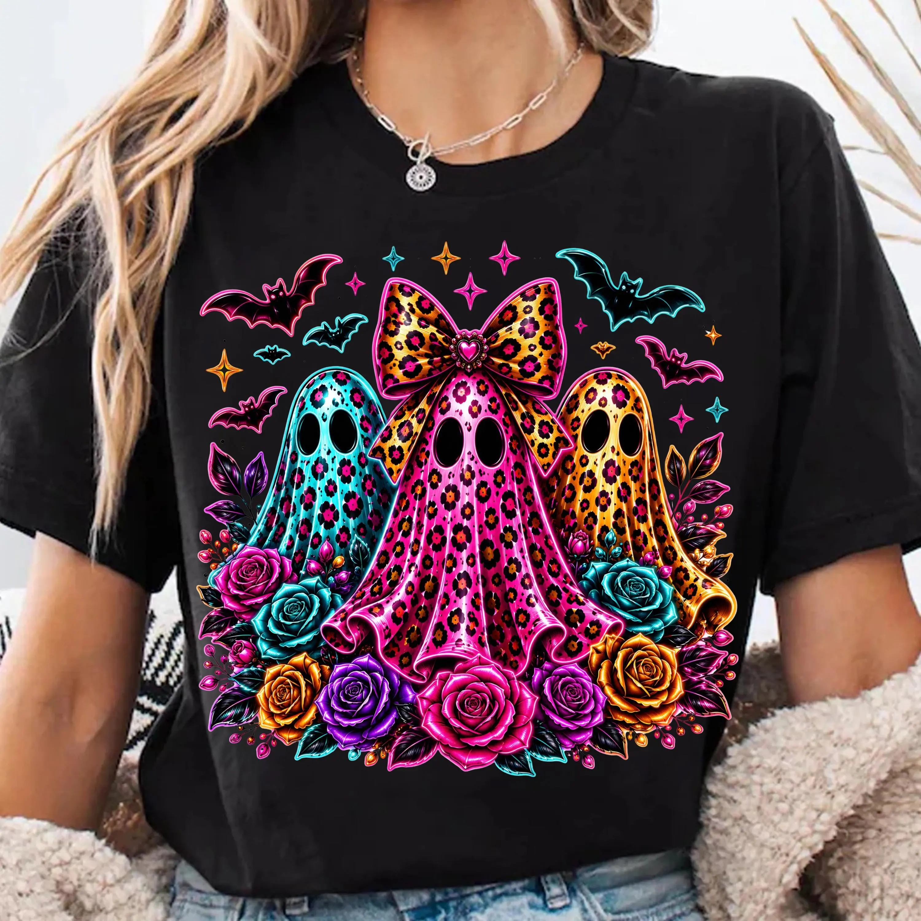 Comfort Colors Coquette Neon Ghost Trio T-Shirt, Leopard Floral Cute Preppy Spooky Season Halloween Tee - photo 3