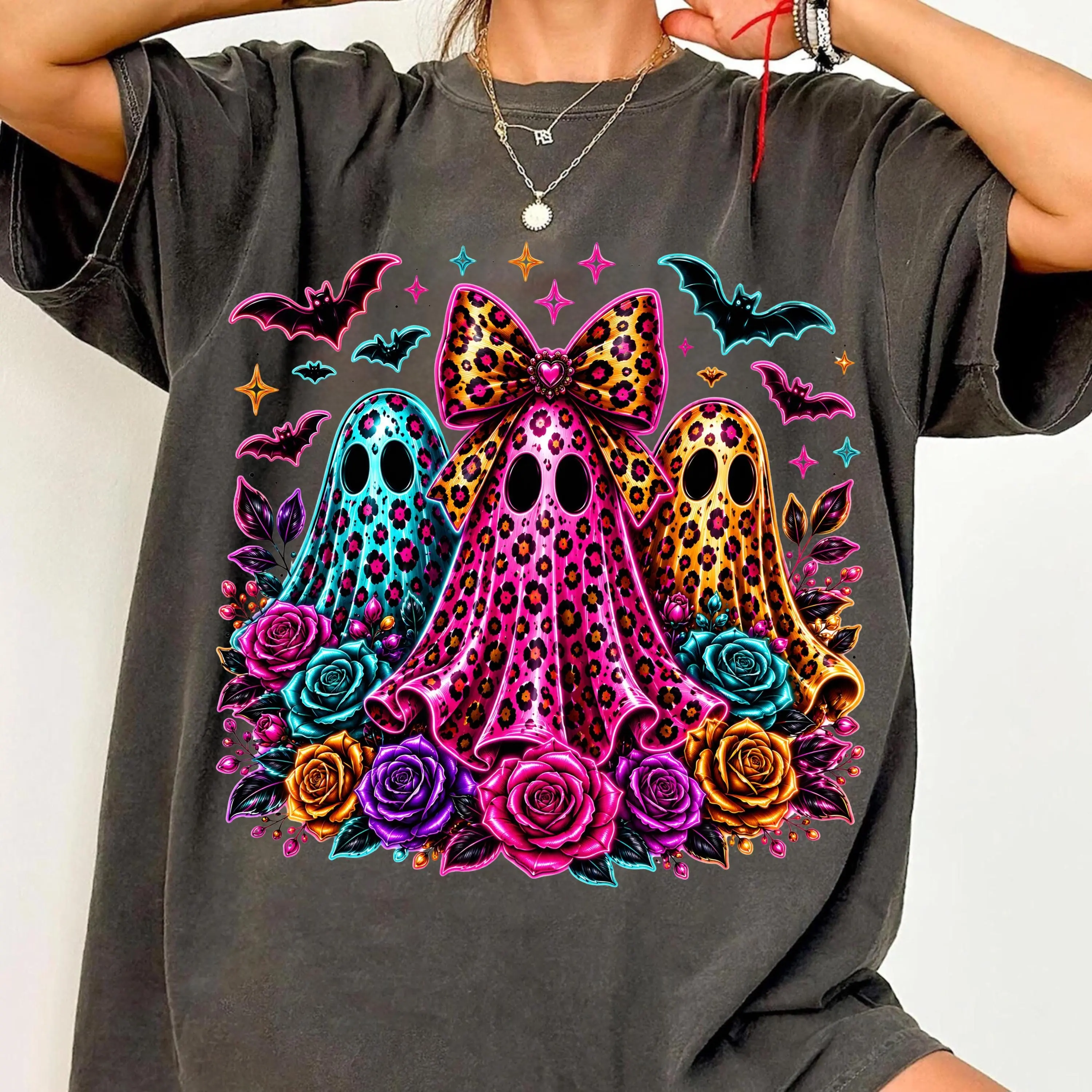 Comfort Colors Coquette Neon Ghost Trio T-Shirt, Leopard Floral Cute Preppy Spooky Season Halloween Tee - photo 5