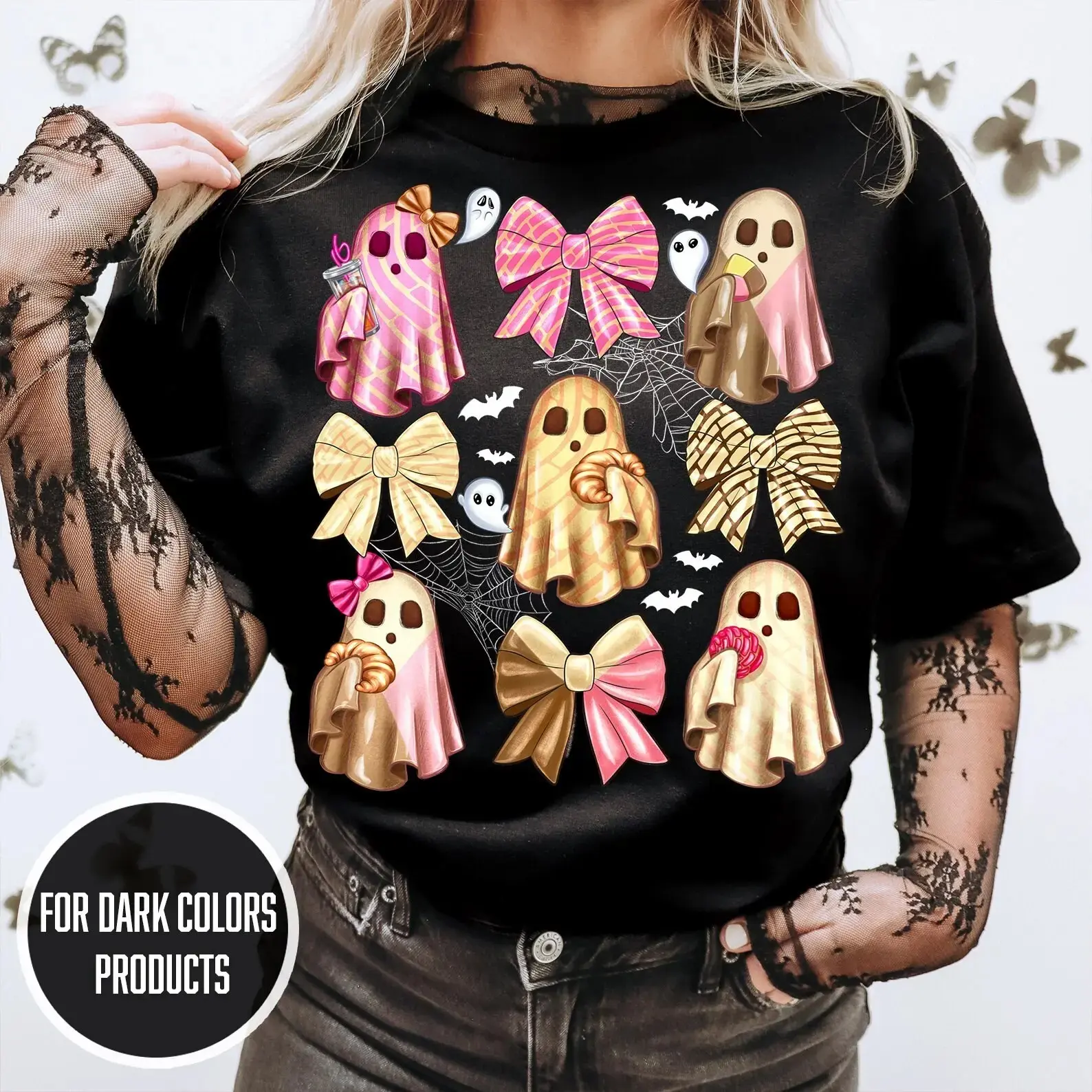 Coquette Spooky Conchas Halloween Shirt, Women Mexican Ghost Bow Dia de Muertos Cute Pan Dulce Fall Tee