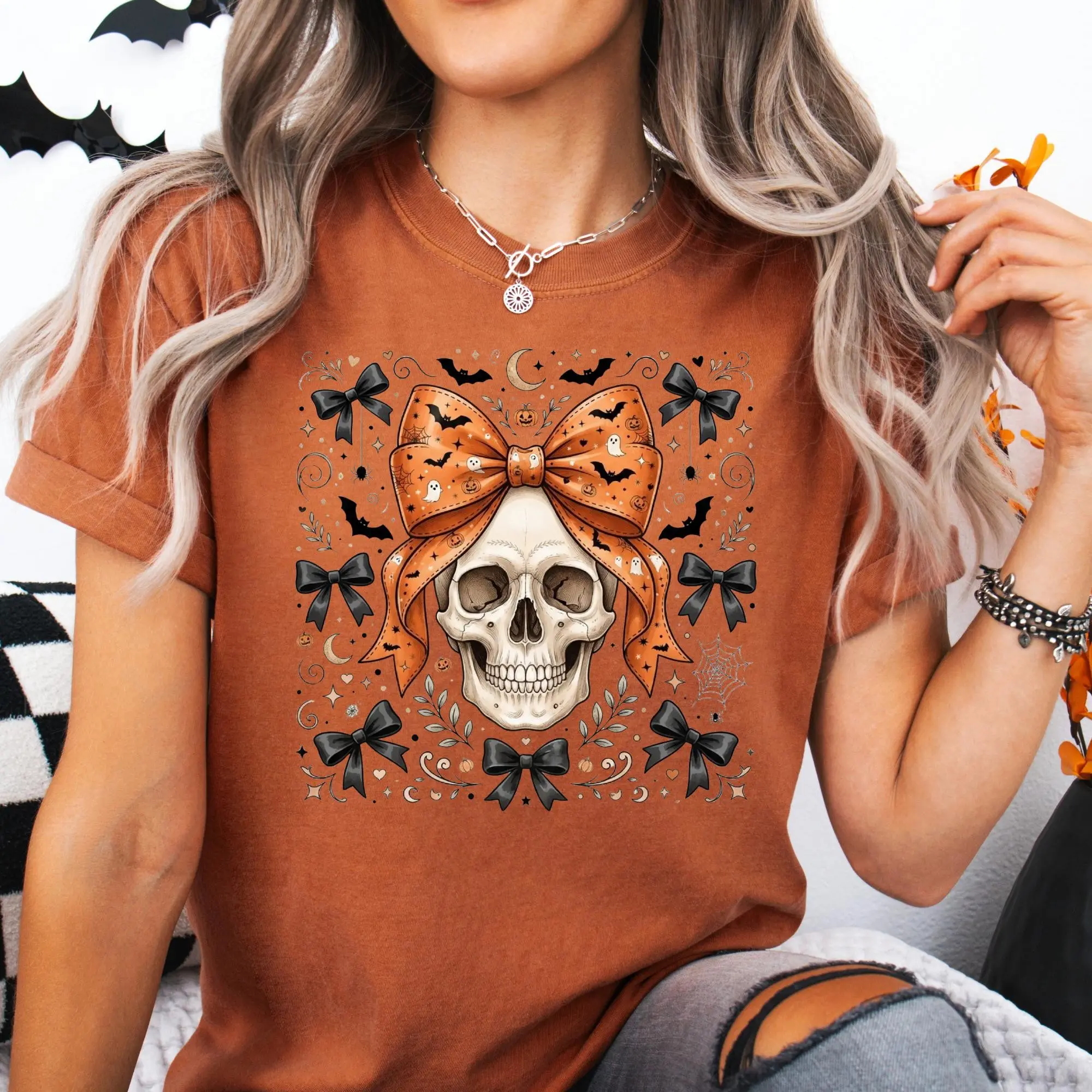 Coquette Woman Skull Shirt, Halloween Spooky Season Fall T-shirt - photo 2
