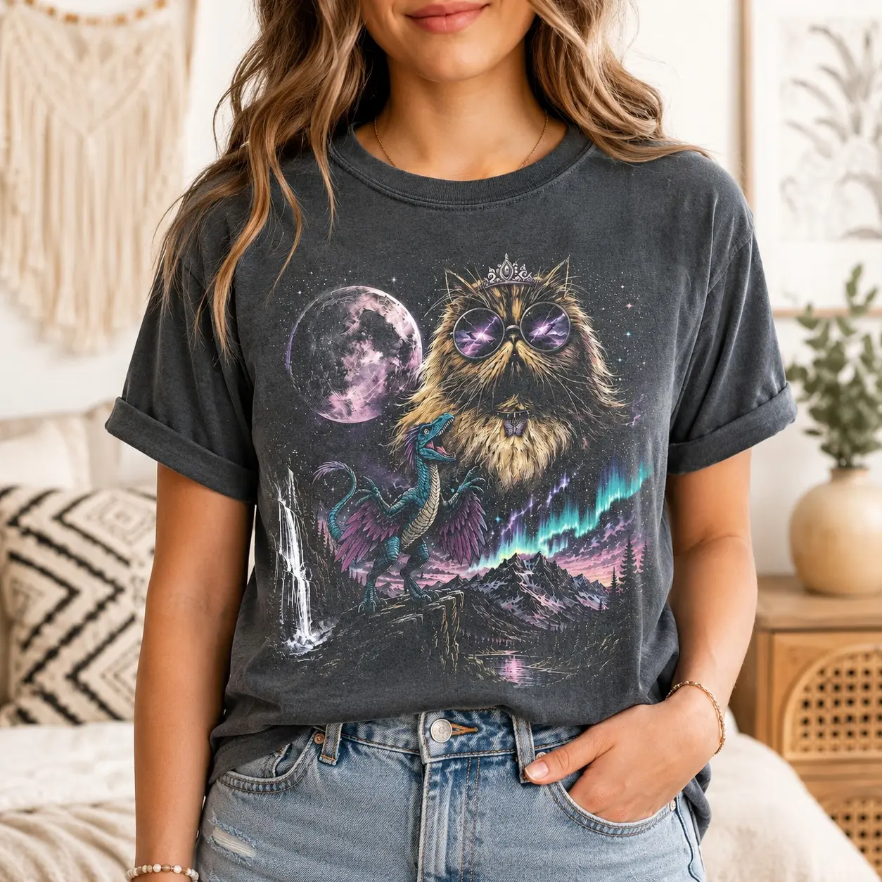 Cosmic Owl and Dragon Graphic Shirt for Women, Fantasy Vintage Halloween Tee, Celestial Animal Lover Gift