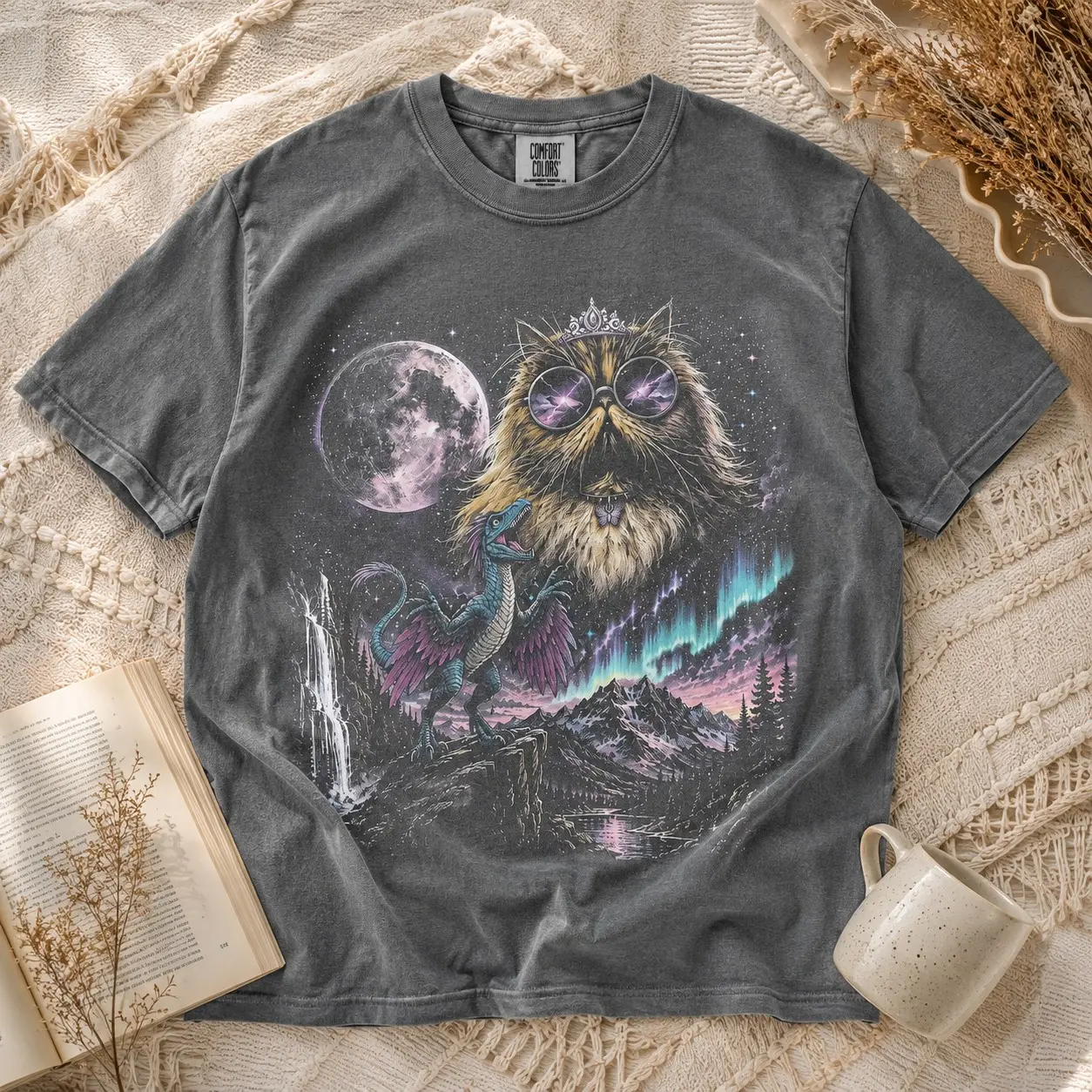 Cosmic Owl and Dragon Graphic Shirt for Women, Fantasy Vintage Halloween Tee, Celestial Animal Lover Gift - photo 2